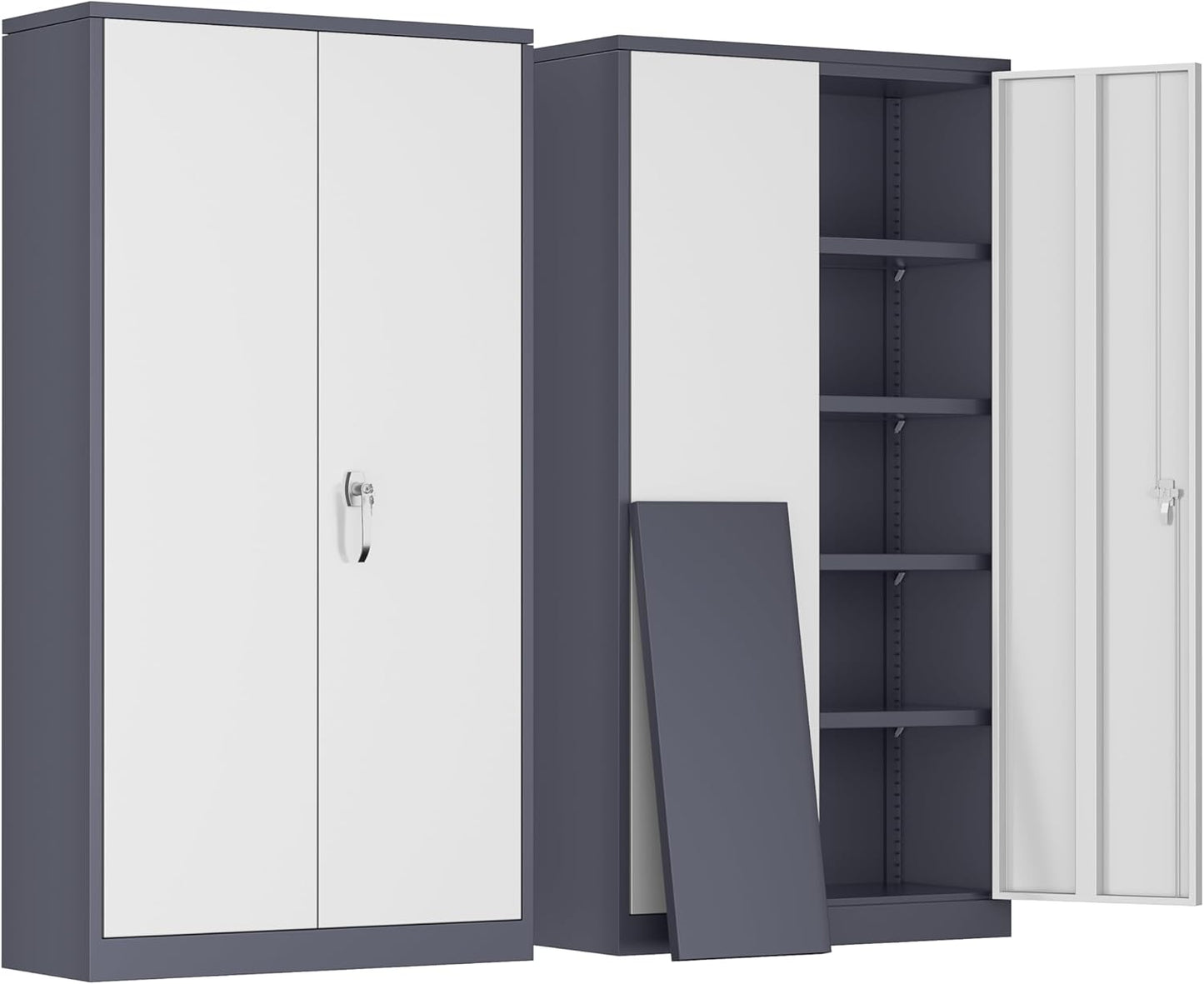 Greenvelly Metal Garage Storage Cabinet, Tall Steel Storage Cabinets with 2 Doors and 4 Adjustable Shelves, Metal Tool Cabinets, Locking File Cabinet for Home Office, Garage, School (Gray White)