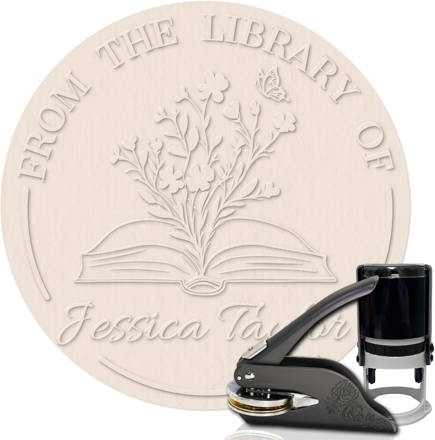 HDSD Custom Book Embosser - Personalized Book Embosser with Your Message or Design - A Unique Gift for Writers, Book Lovers, Book Clubs & Book Collectors (Flowers and Text)