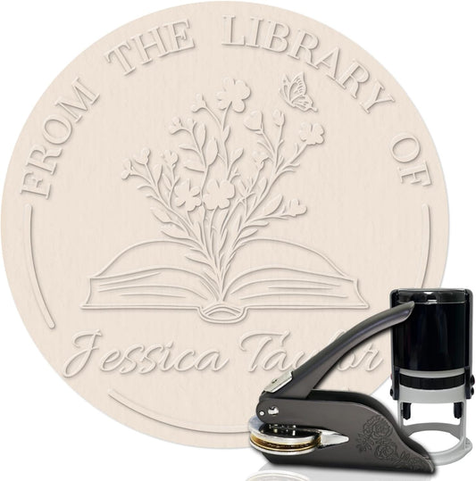 HDSD Custom Book Embosser - Personalized Book Embosser with Your Message or Design - A Unique Gift for Writers, Book Lovers, Book Clubs & Book Collectors (Flowers and Text)