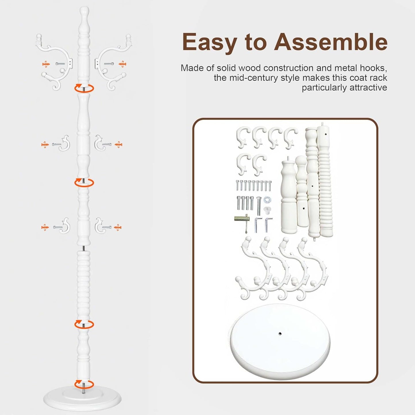 Solid Wood Coat Rack Stand with 18 Hooks, Vintage Coat Rack Freestanding with Heavy Duty Base, 3 Adjustable Height Coat Hanger Stand Hall Tree Fits Entryway Bedroom Office for Coat,Bag,Hat