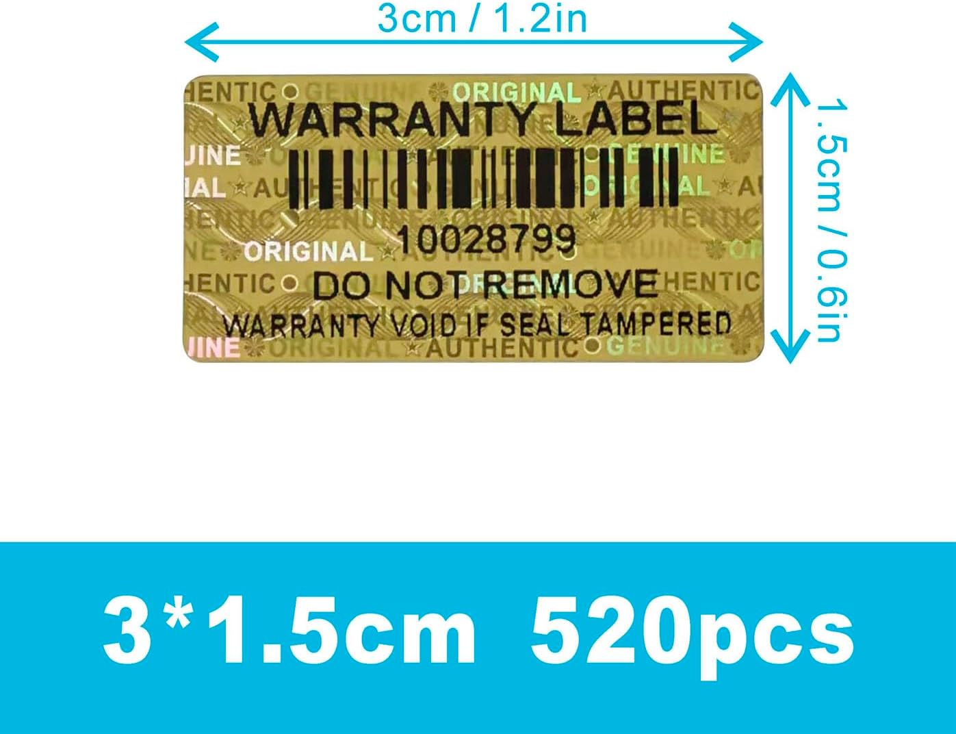 520pcs Tamper Evident Proof Stickers with Barcode Hologram Security Labels Genuine Warranty Seal with Unique Serial Number(1.2 X 0.6 Inch Gold)
