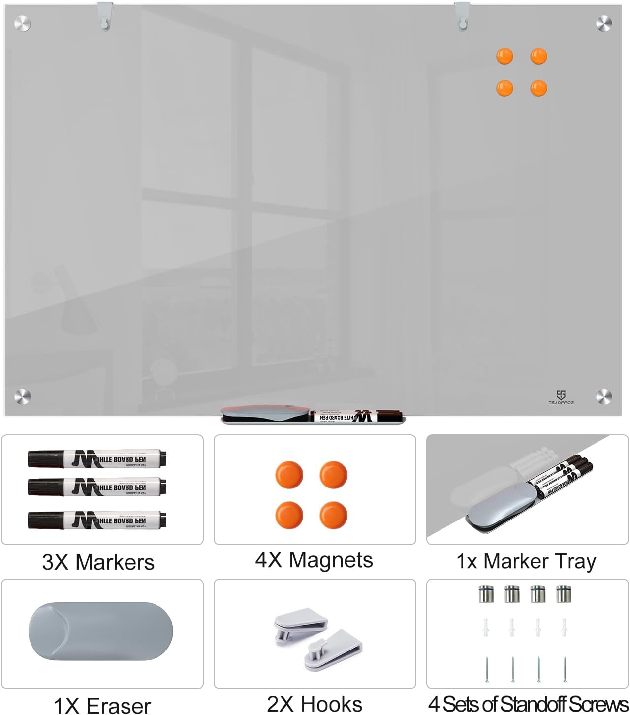 TSJ OFFICE Glass Dry-Erase Board - 36 x 24 Inches Wall Mounted Magnetic Whiteboard, Large Frameless Glass White Board for Office, Home & School, Gray