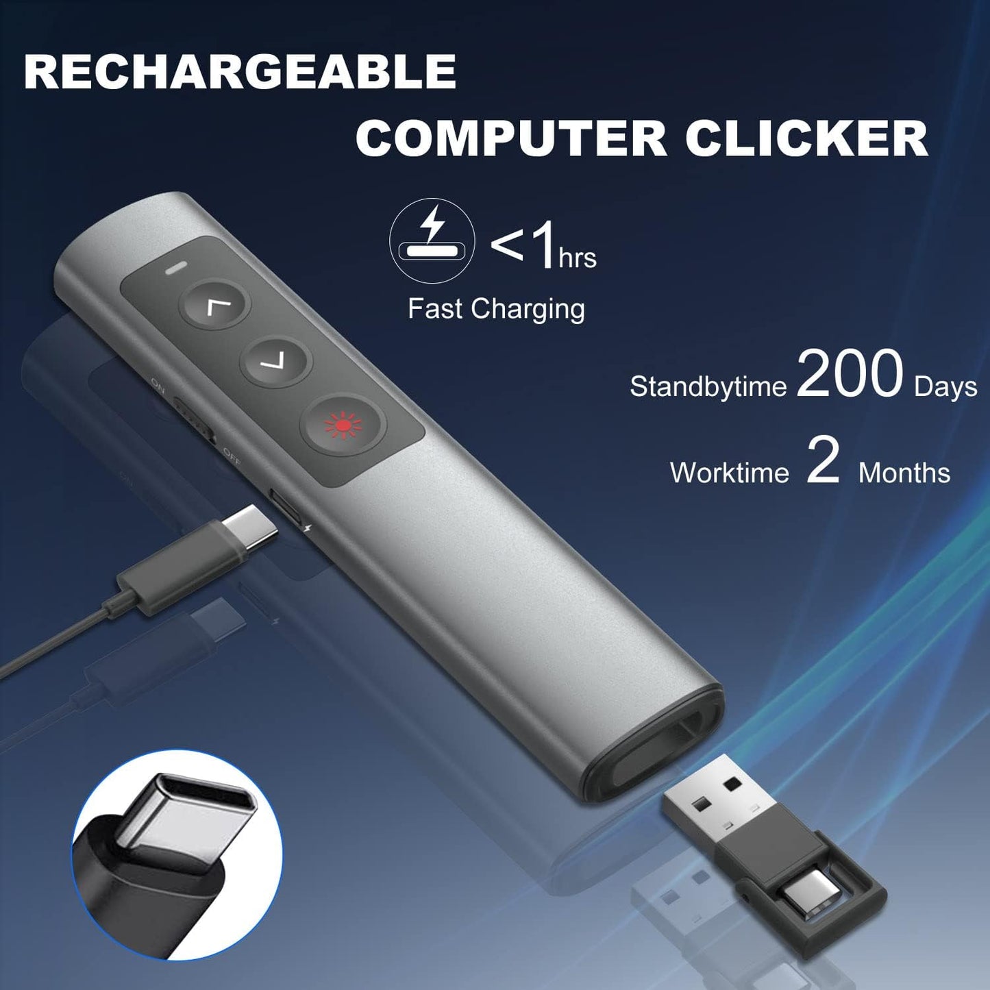 Rechargeable Presentation Clicker for Laptop PowerPoint, USB-A USB-C Presentation Pointer, Wireless Presenter Remote Power Point Clicker for Computer/Mac/PPT/Google Slide Advancer