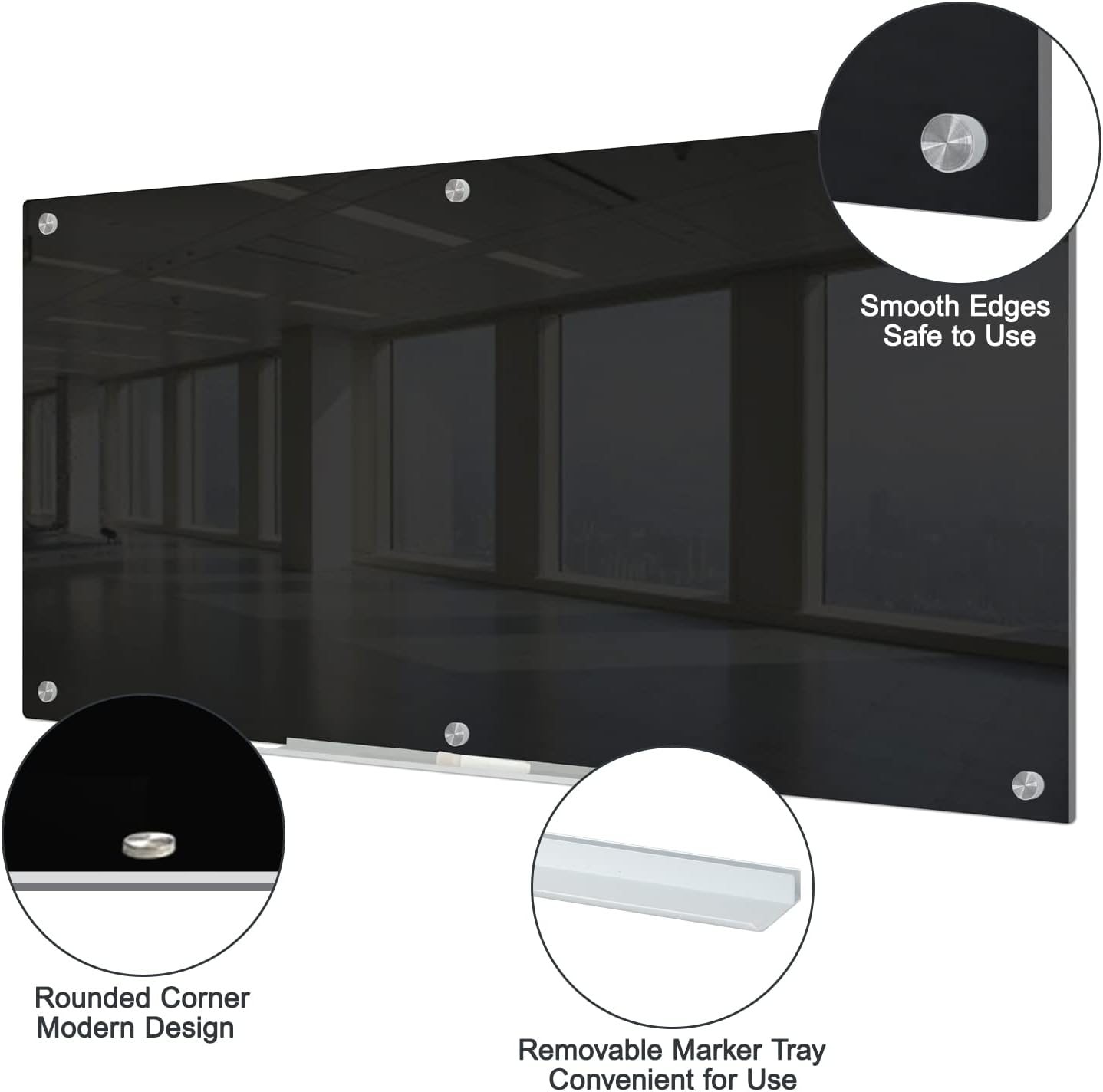 J&J worldwide Black Glass Whiteboard Magnetic Dry Erase Board 6' x 3', Large Frameless Glass White Board Wall Mounting for Office, Home, School, Includes Magnets, Marker Tray, Eraser