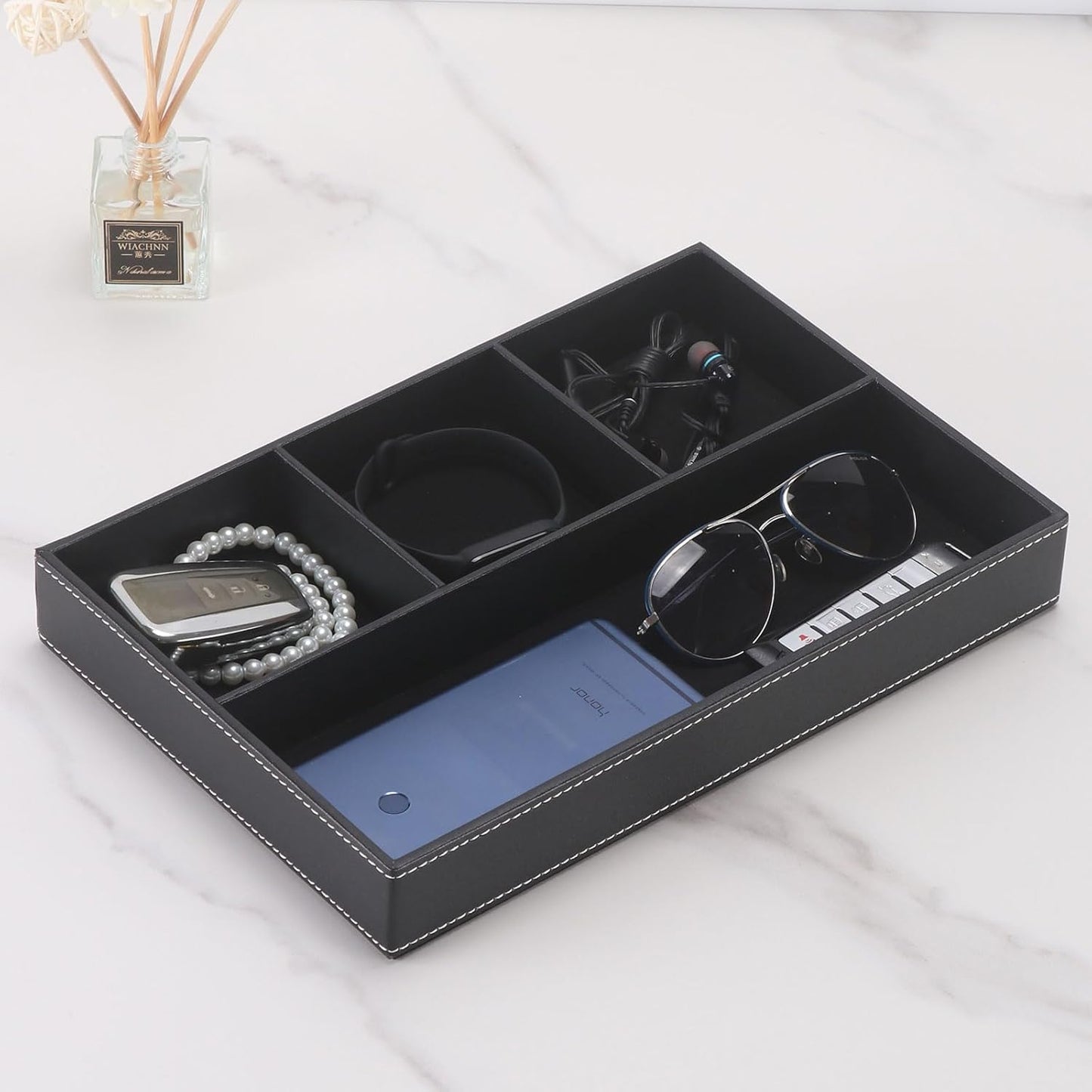 Desktop Glove Box, Nightstand or Dresser Organizer, Valet Tray, Entry Table Organizer, Dresser Storage Box,PU Leather Drawer Storage Decorative Trays.