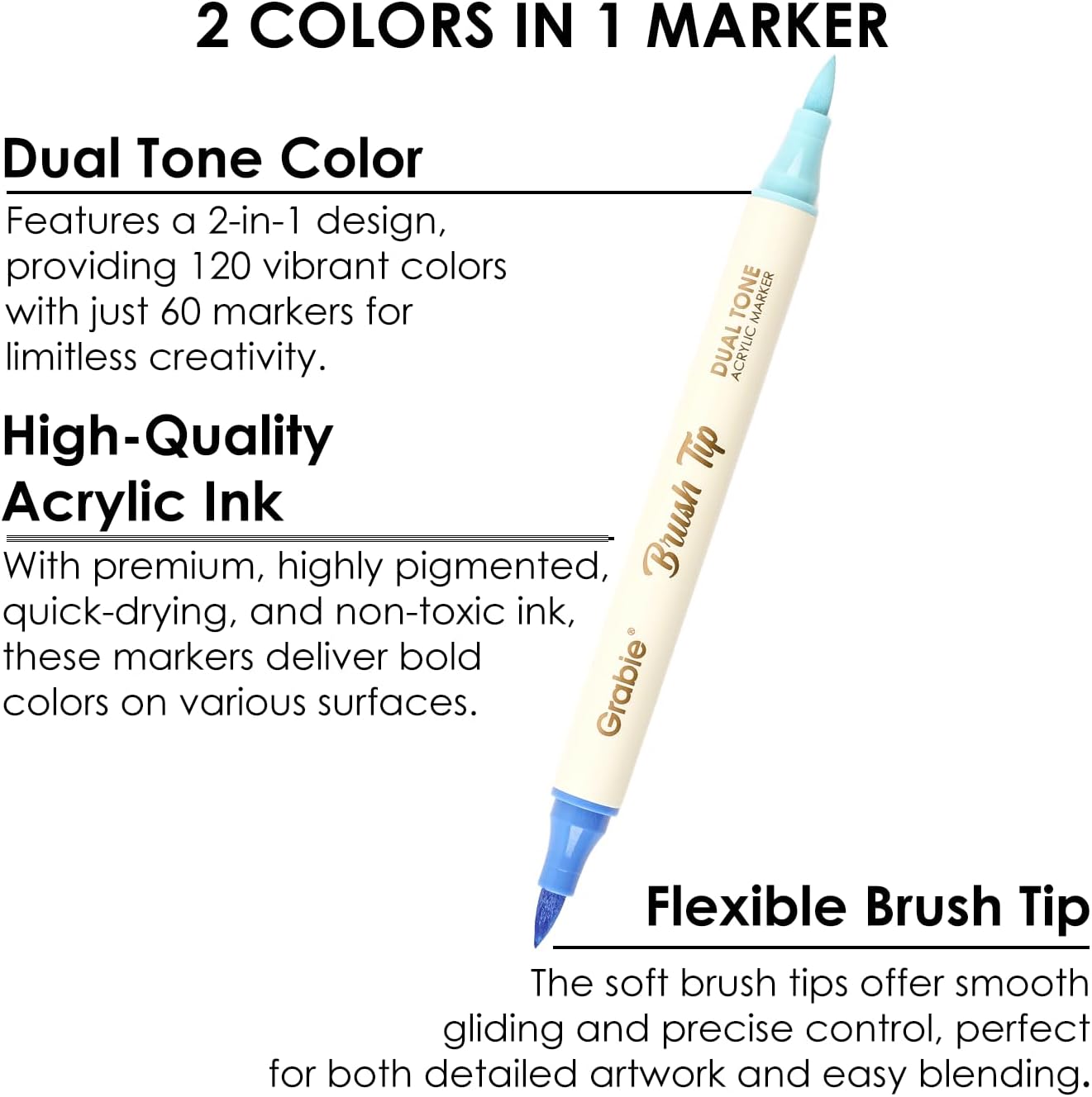 Grabie 120 Colors Dual Tone Brush Tip Acrylic Markers, Dual-Color Paint Markers with 60 Brush Tips, Double Tipped Acrylic Paint Pens for Fabric, Canvas,DIY, Canvas Art Supplies