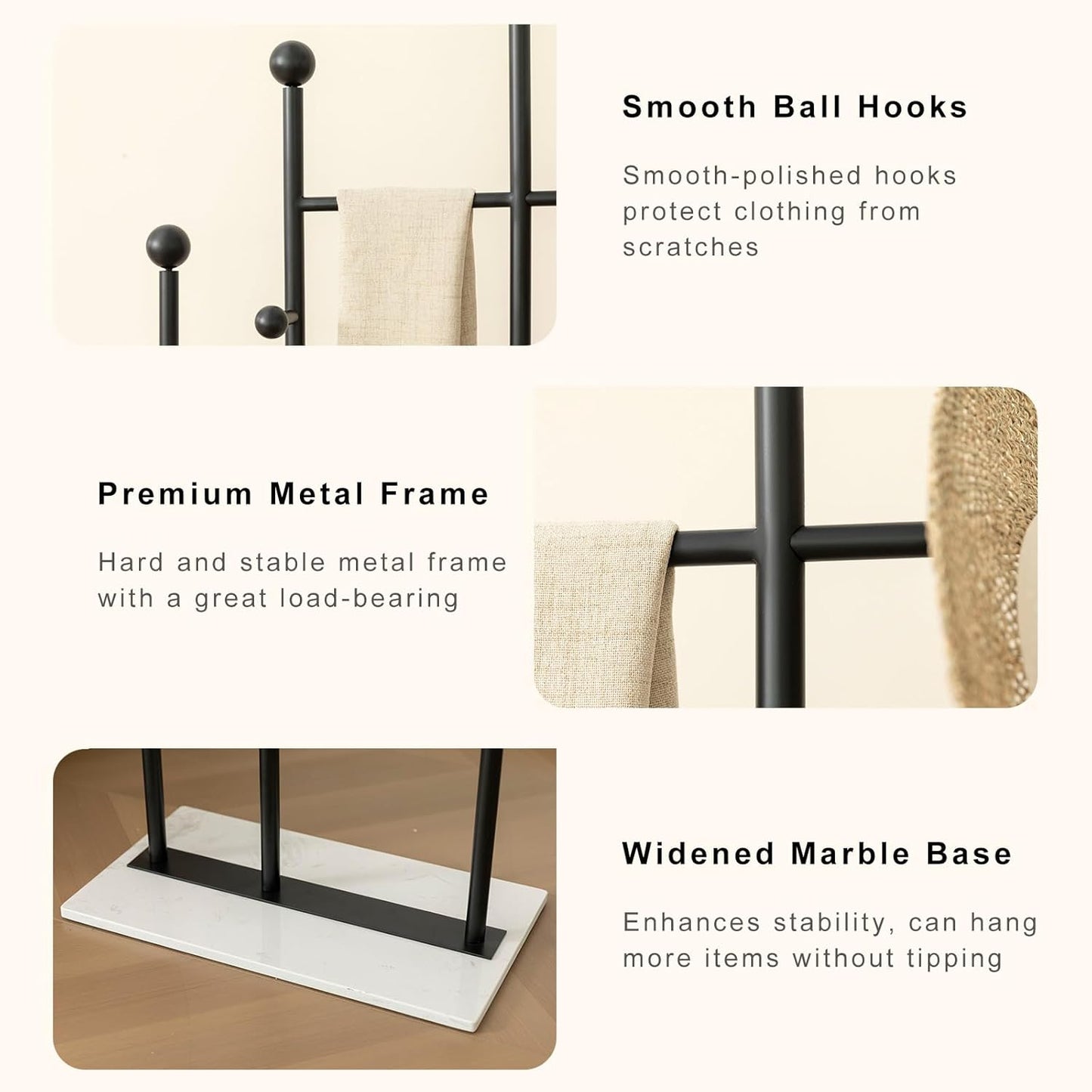 Standing Coat Rack with Marble Base Heavy Duty Clothes Hanger Rack Metal Coat Tree for Clothes Hats Scarfs Purses 19.69 x 11.02 x 68.9 Inches (Black)