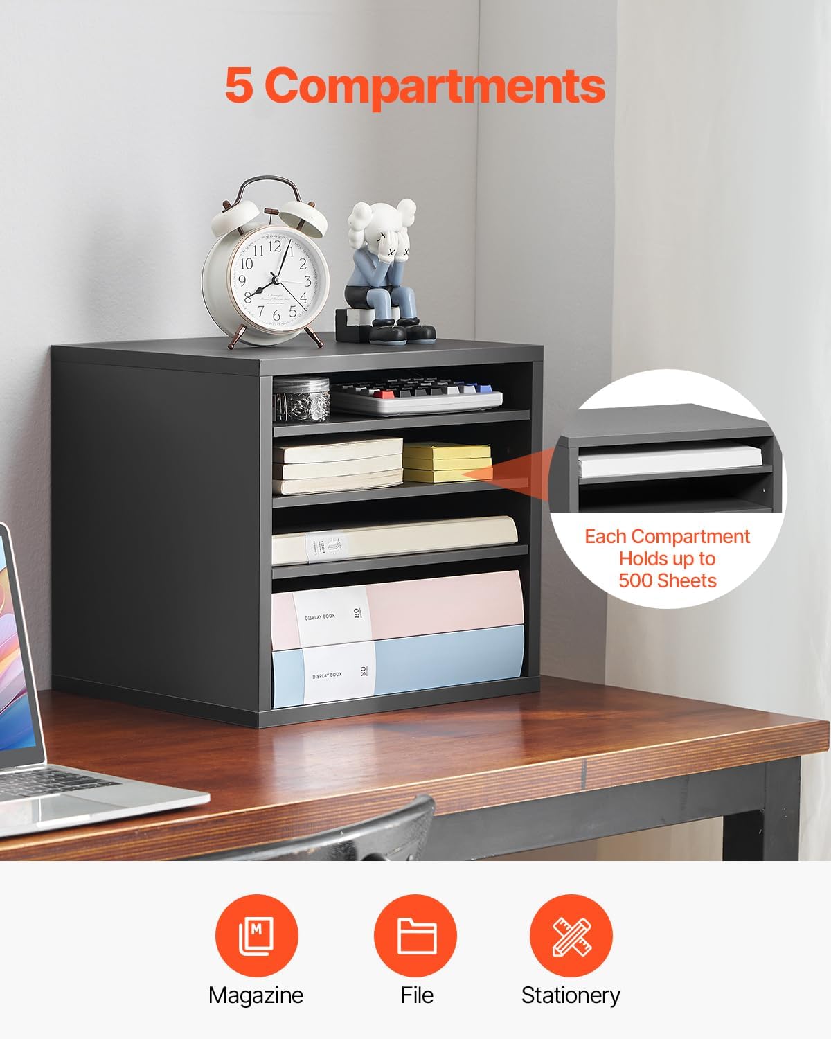 VEVOR Literature Organizer, 5 Compartments Office Mailbox with Adjustable Shelves, Wooden Mailbox Sorter Medium Density Fiberboard Office Home Classroom Storage for Files, Documents, Papers, Grey