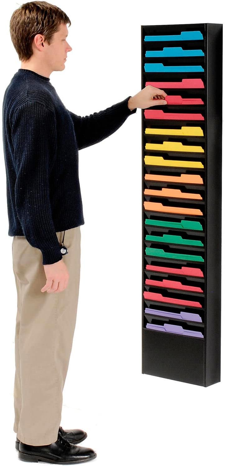 Global Industrial Steel Medical Chart Hanging Wall File Holder, 20 Pockets, Black, Wall Mounted Magazine and File Folder Holder, 12-1/2"W x 8-3/8"H Pockets