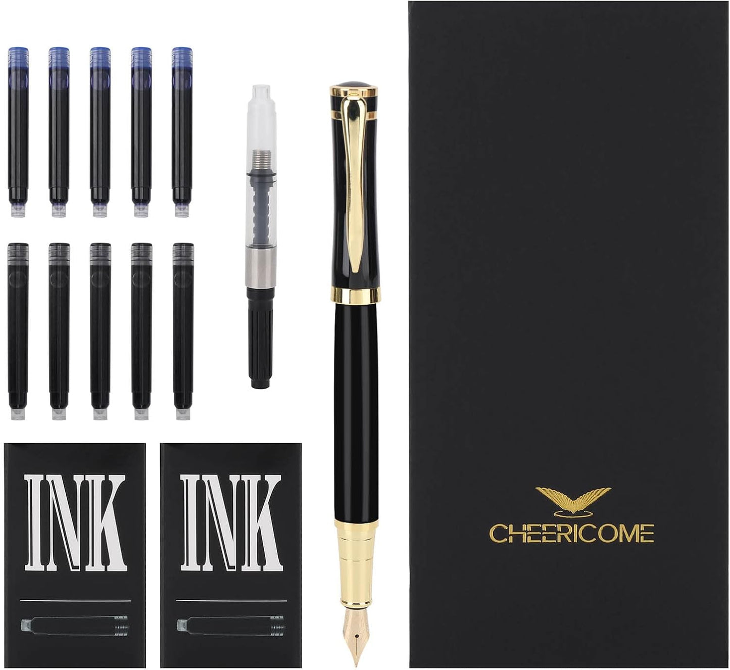 Cheericome Fountain Pen - Ink Pen for Smooth Writing - Exquisite Fountain pen gift set for Men & Women - Fountain Pen Fine Nib，Includes 10 Ink Cartridges and Ink Refill Converter - Black