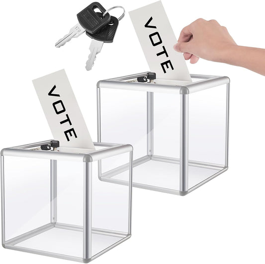 2 Pcs 6 x 6 x 6 in Acrylic Donation Raffle Box with Slot & Lock, Large Clear Ballot Offering Suggestion Ticket Container for Fundraising Drawing Tip Jar Voting (Clear)