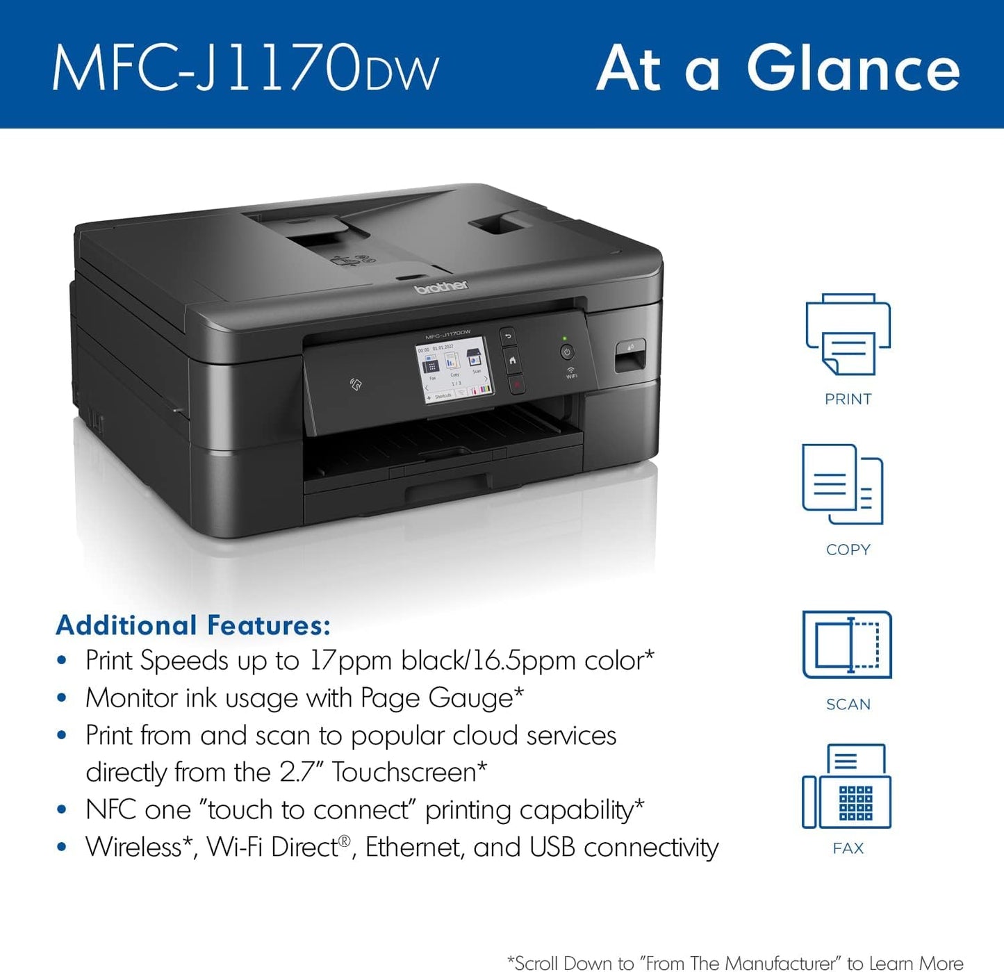 Brother MFC-J1170DW Wireless Color Inkjet All-in-One Printer, NFC One-Touch Print, Duplex, Cloud Print & Scan, Mobile App Control, 2.7" Touchscreen, Works with Alexa