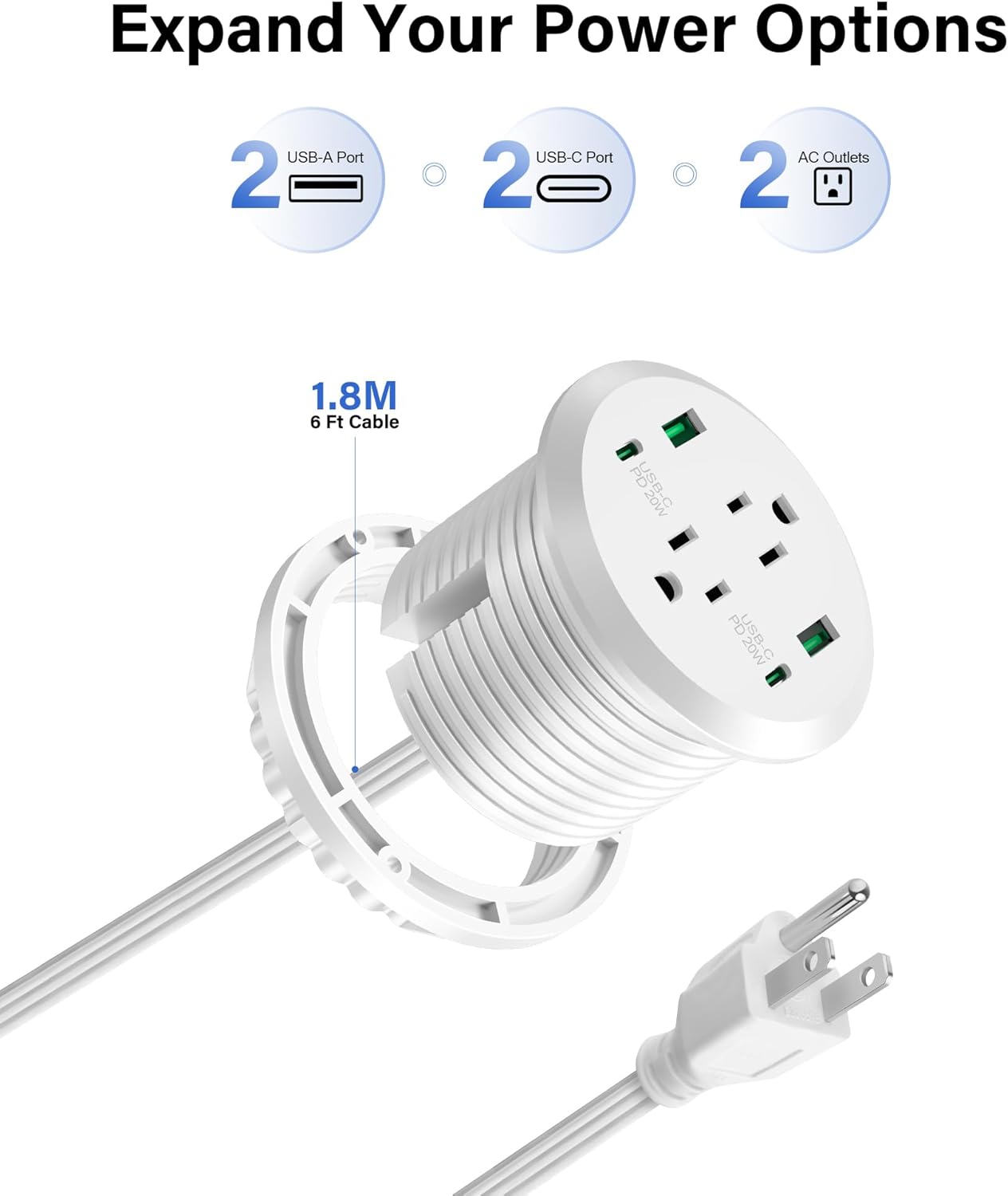 3 inch Desktop Power Grommet USB C,40W Fast Charging Station,Furniture Recessed Power Strip,2 Outlets,4 USB Ports,Flush-Mount for Desktop, Workspace Essential Desk Outlet,2 Pack