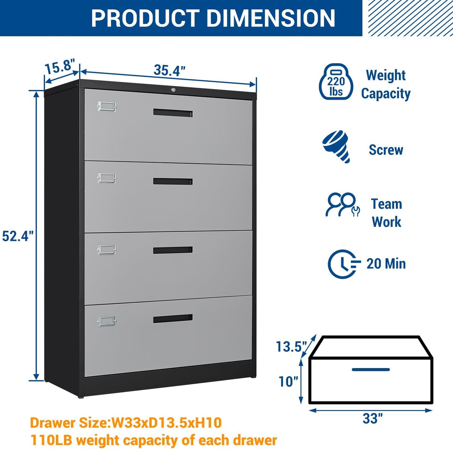 Metal Steel 4 Drawer Lateral File Cabinet with Lock, Filling Cabinets for Home Office, Lockable Storage Cabinet for Hanging Files Letter/Legal/F4/A4 Size-Assembly Required