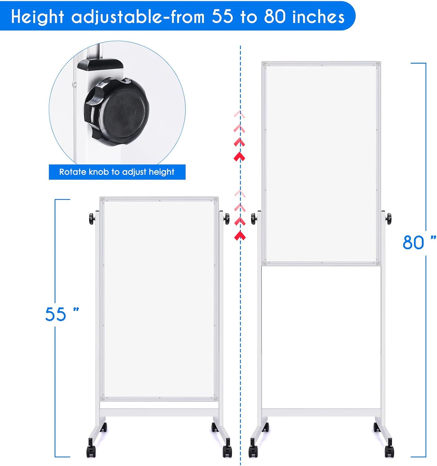 maxtek Rolling White Board, 48 x 24 Height Adjustable Whiteboard on Wheels, Large Magnetic Standing Mobile Easel Board, Double-Sided with Stand for Office, Home, and Classroom