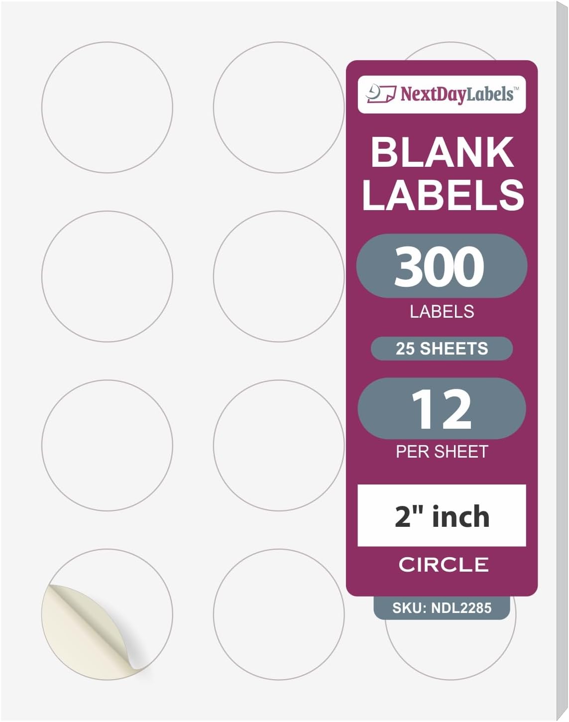 NextDayLabels - 2 Inch Round Circle Stickers - Matte White Blank Laser/Inkjet Printer Labels (300 Labels, 25 Sheets, 12 Per Sheet)