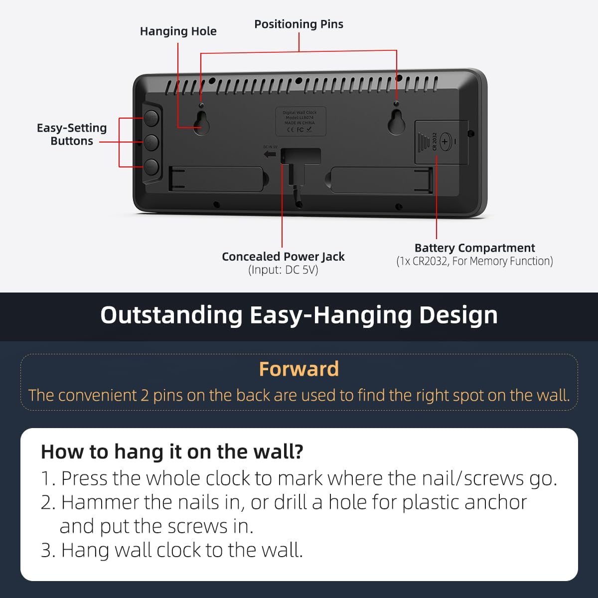 LED Digital Wall Clock with Large Display, Big Digits, Auto-Brightness, 12/24Hr Format, Modern Electric Small Silent Wall Clock for Living Room, Bedroom, Classroom, Farmhouse, Kitchen, Office - Blue