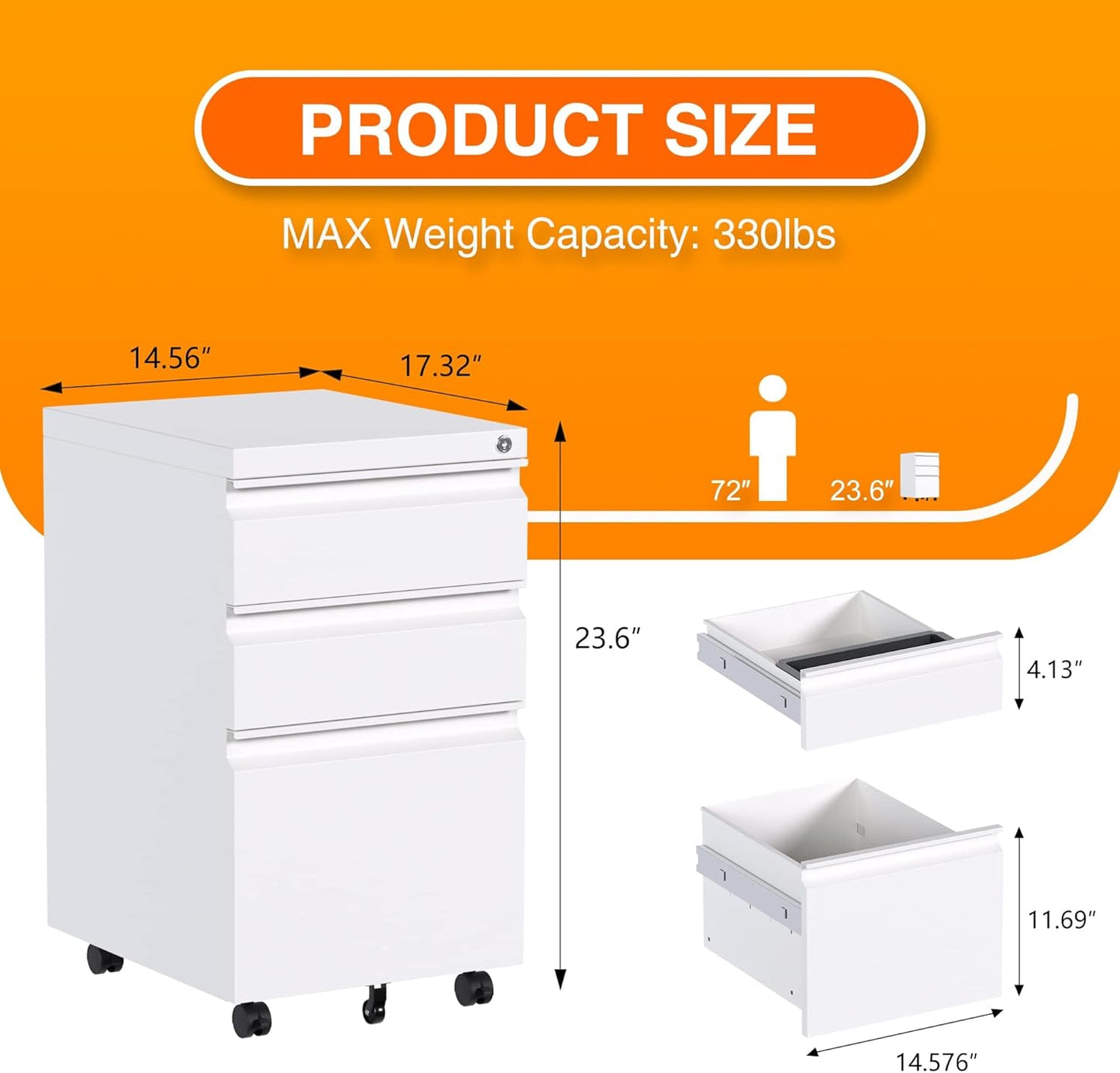 Aobabo Metal 3 Drawer Mobile File Cabinet with Lock, Under Desk Metal Filing Cabinet wiht Wheels, 23.6''H A4/Legal/Letter Size Storage Cabinet, Fully Assembled Except Wheels,White