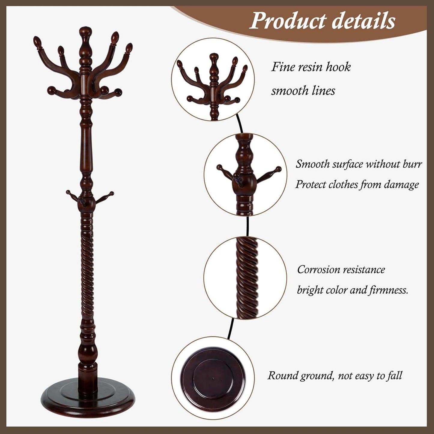 Wooden Coat Rack Freestanding, Vintage Coat Racks with Sturdy Round Base, Adjustable Height 37.40"-72.83" Entrance Coat Rack for Bedroom Living Room Entryway (Vintage Circular)