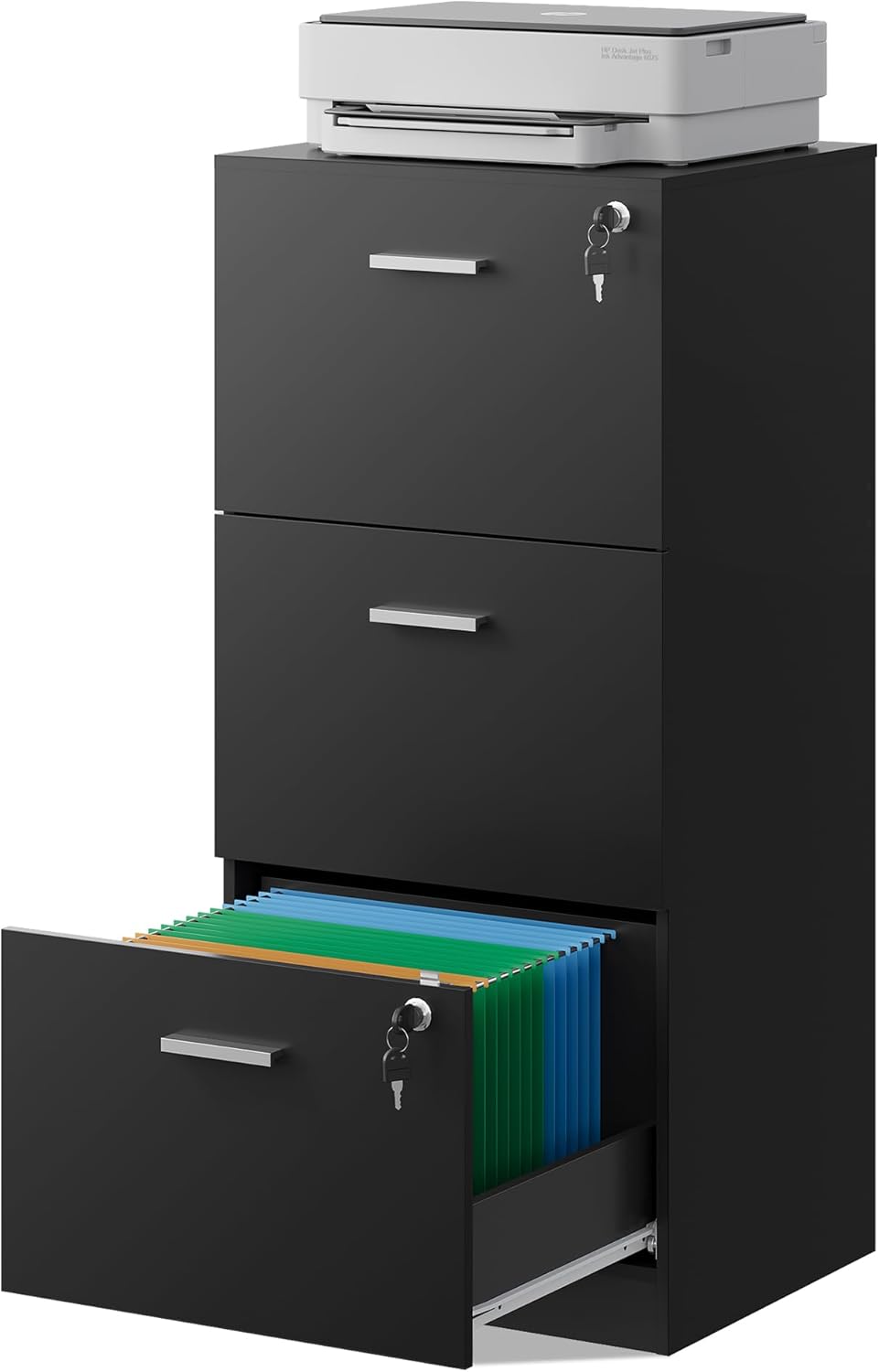 DEVAISE 3 Drawer File Cabinet with Lock, Vertical Wood Filing Cabinet for Home Office, Printer Stand for Letter and A4 Size, Black
