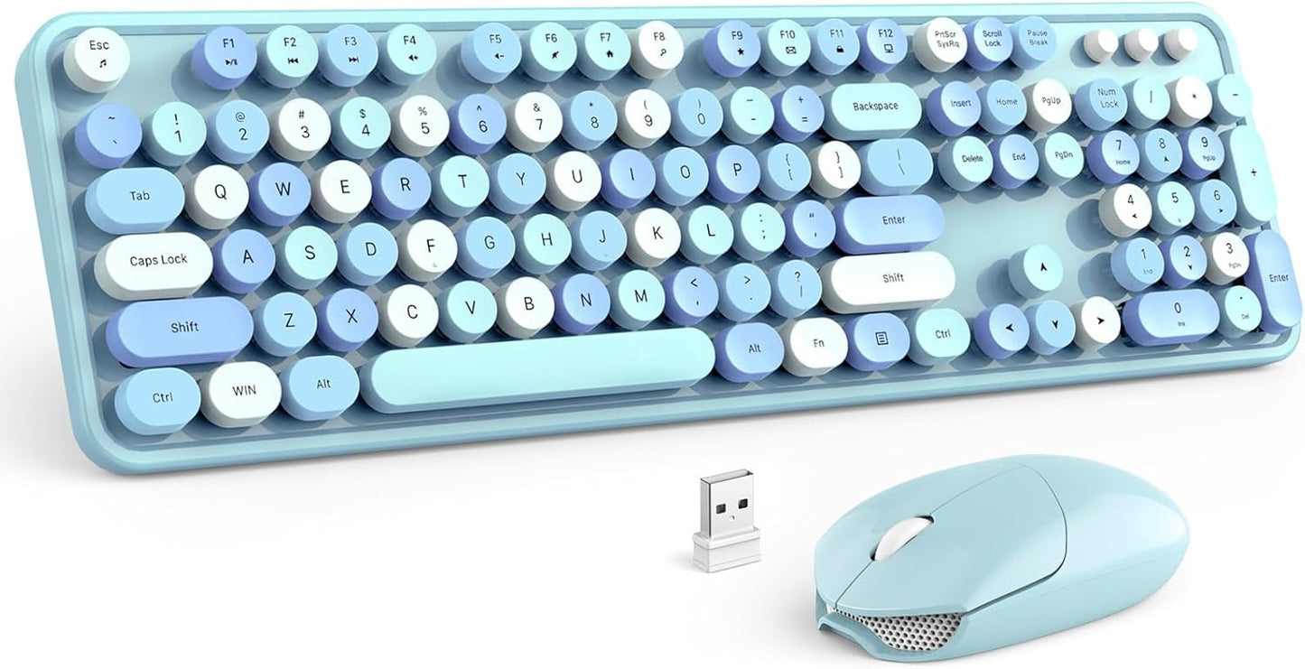 MOFII Wireless Keyboard and Mouse Combo, Blue Colorful Round Key Typewriter Keyboards, 2.4GHz Full Size Keyboard Computer Mice, USB Receiver Plug and Play, for Laptop, PC, Chromebook, Smart TV
