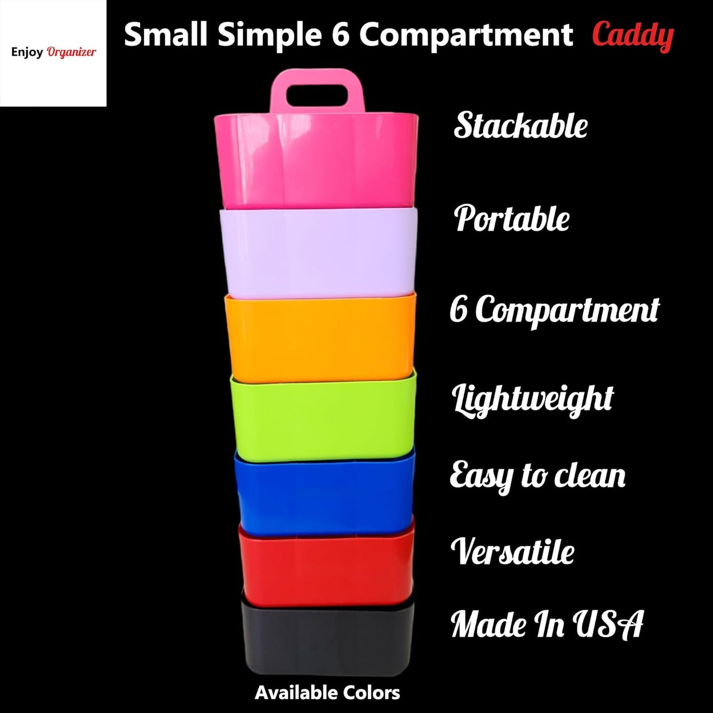 Small Stackable Plastic Caddy with Handle 6 Compartment | Desk, Makeup, Dorm Caddy, Classroom Art Organizers - 4 Pack, Made In USA (Red)