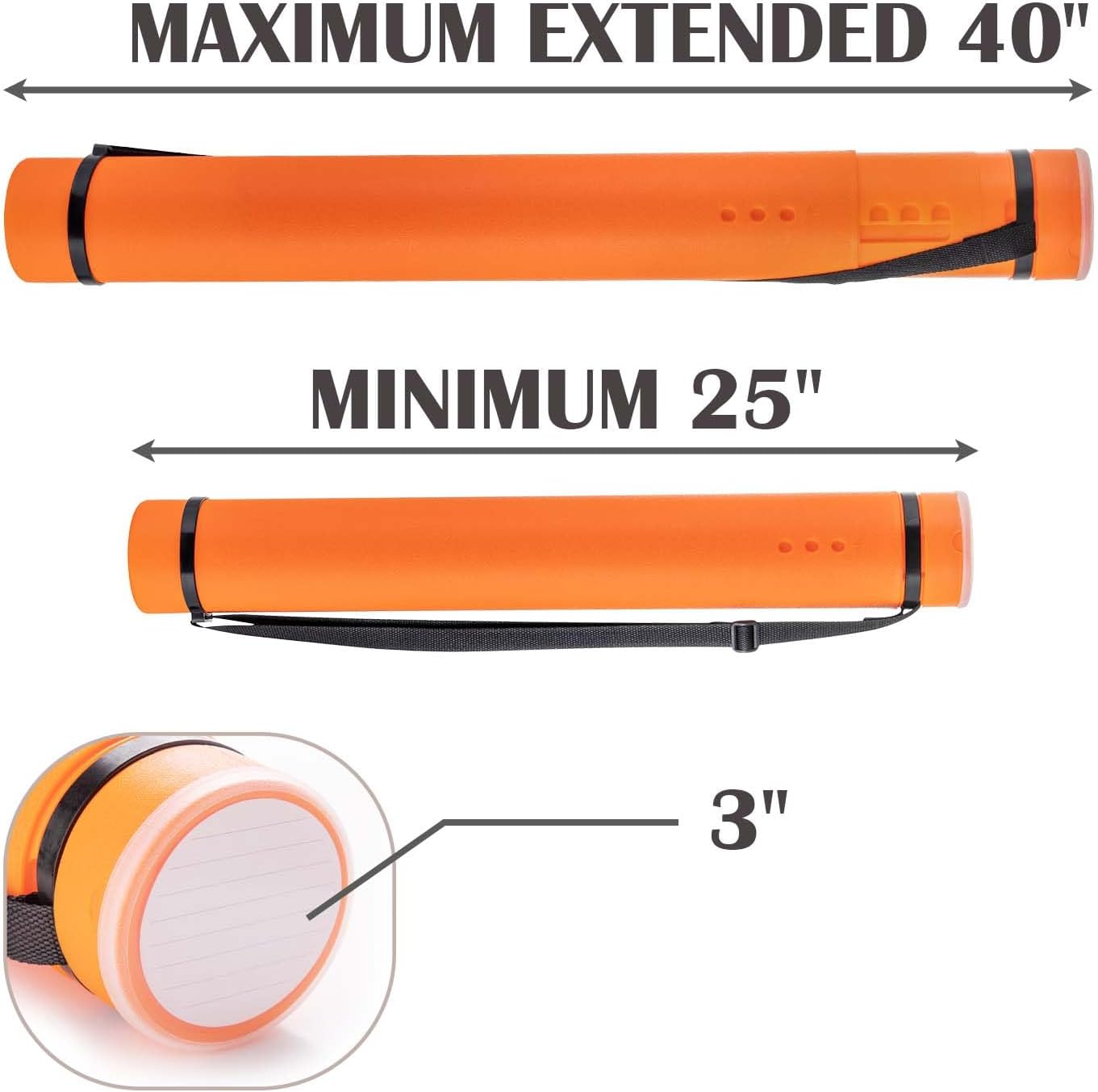 JJRING Orange Poster Tube, 25" to 40" Extendable Poster Storage Holder Tube with Carrying Strap, Poster Carrying Case for Blueprints, Scrolls, Maps and Architect Papers