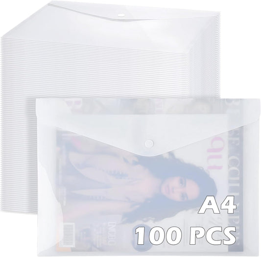 100 Pcs Clear Envelopes with Snap Button Closure Bulk A4 Letter Size Clear Plastic Envelope Folder Document Organizer File Folders for Office Home (Milky)