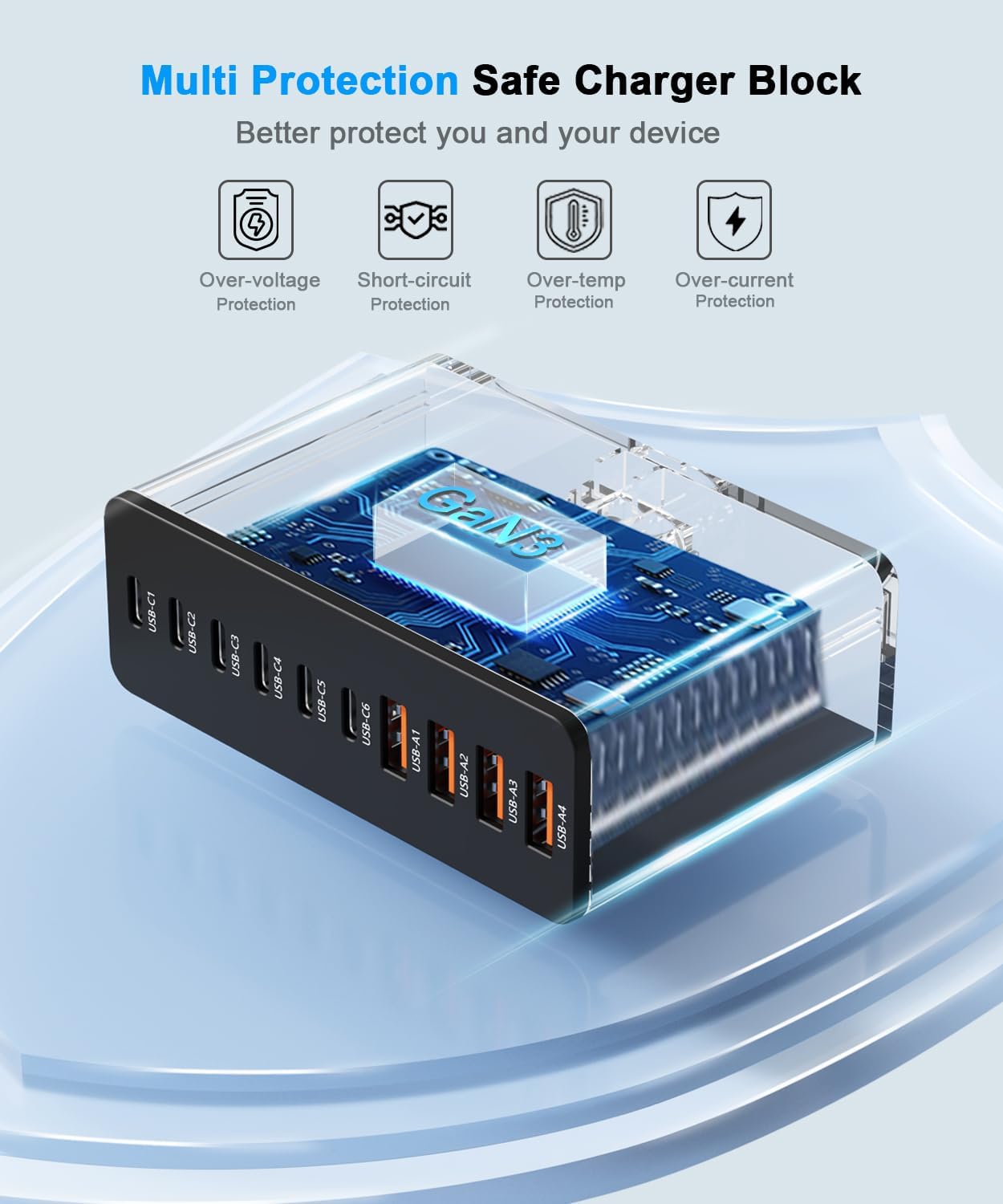 USB C Charging Station 10 Port with 4 USB Cables, 200W GaN Type C Charger Block, Wall Charger Power Strip Adapter Plug for iPad iPhone16 15 14 13 12 Pro Max Pixel Note Galaxy