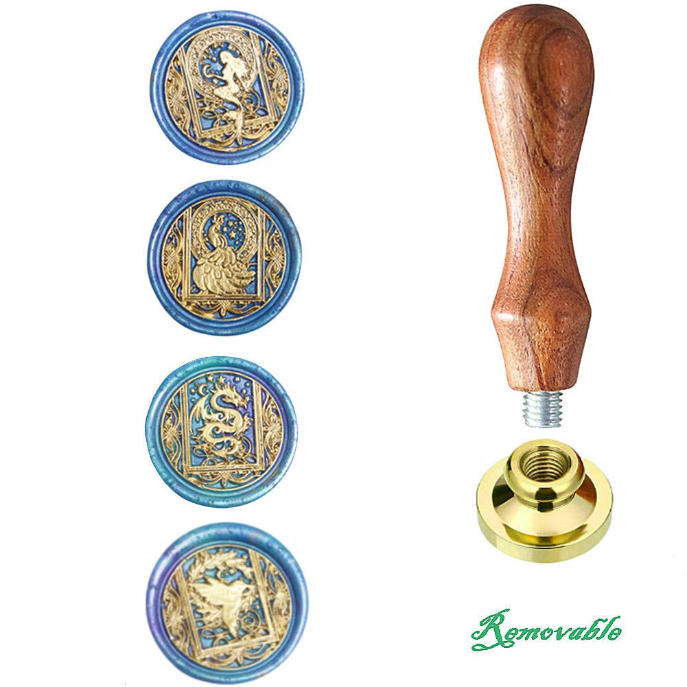 Wax Seal Stamp kit, ANBOSE Starry Animal Wax Seal Stamp Set with 4 PCS Removable Brass Heads and 1 Wooden Handle, Mermaid Peacock Dragon Hummingbird Sealing Wax Stamp for Letter Cards Invitations