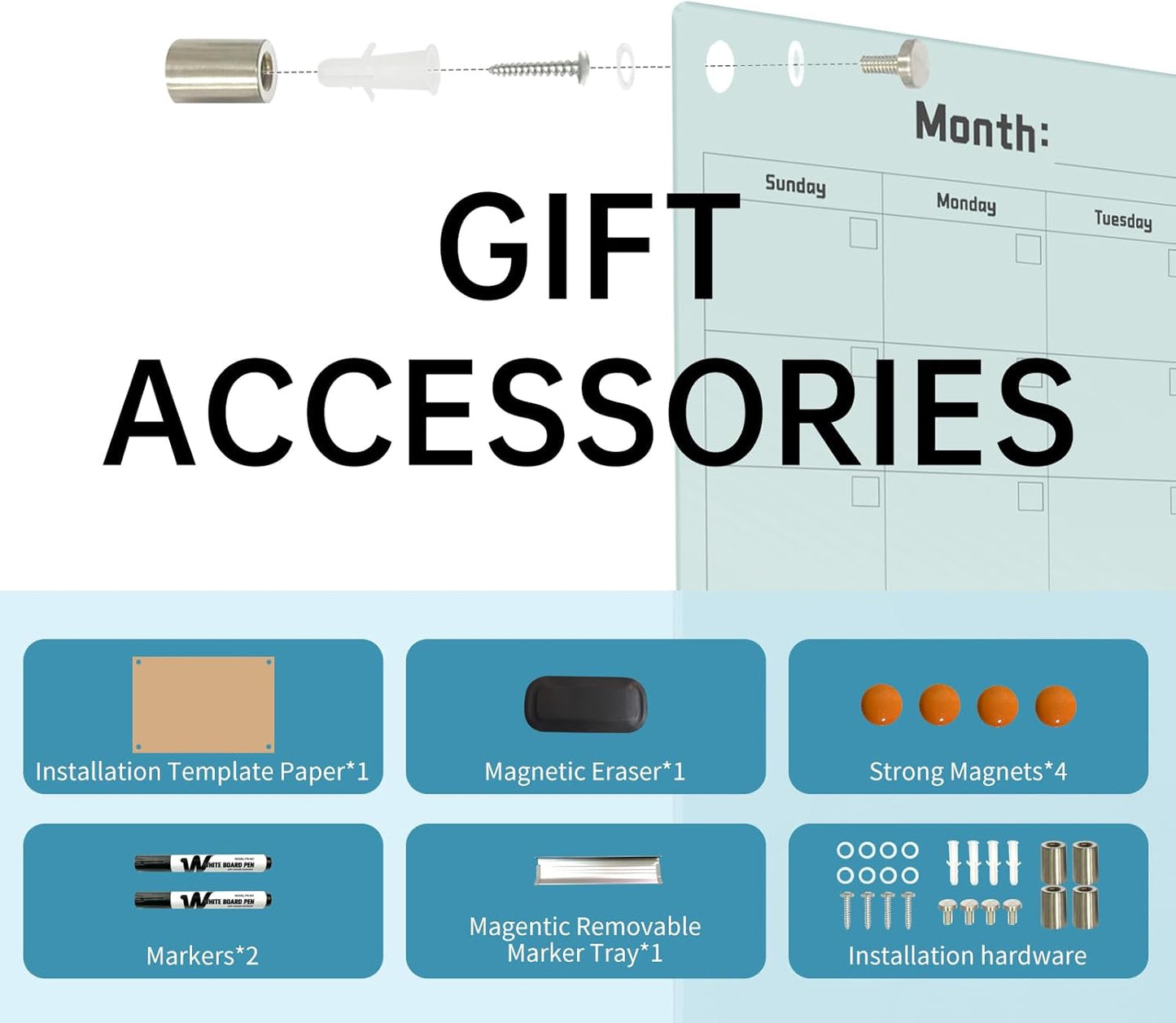 Magnetic Glass Dry Erase Board Calendar- White Board 48 x 36 Inch Wall Mounted Monthly Whiteboard, Large Frameless Glass White Board for Wall Office, Home & School