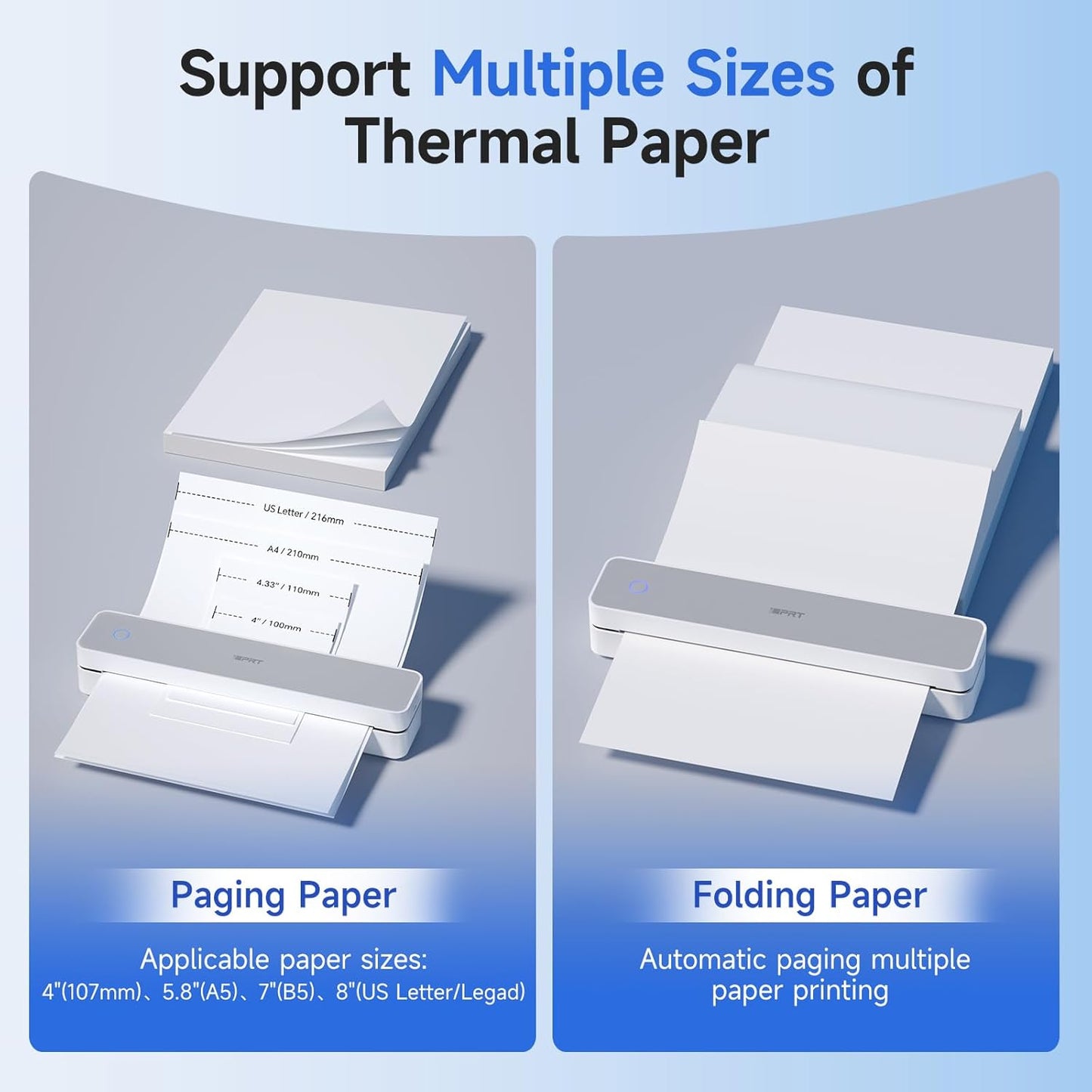 iDPRT Portable Printer Wireless for Travel, 300DPI Bluetooth Thermal Printer Support for 8.5"x11" US Letter, Inkless Compatible with iOS, Android, Laptop for Office, Car and Home, School