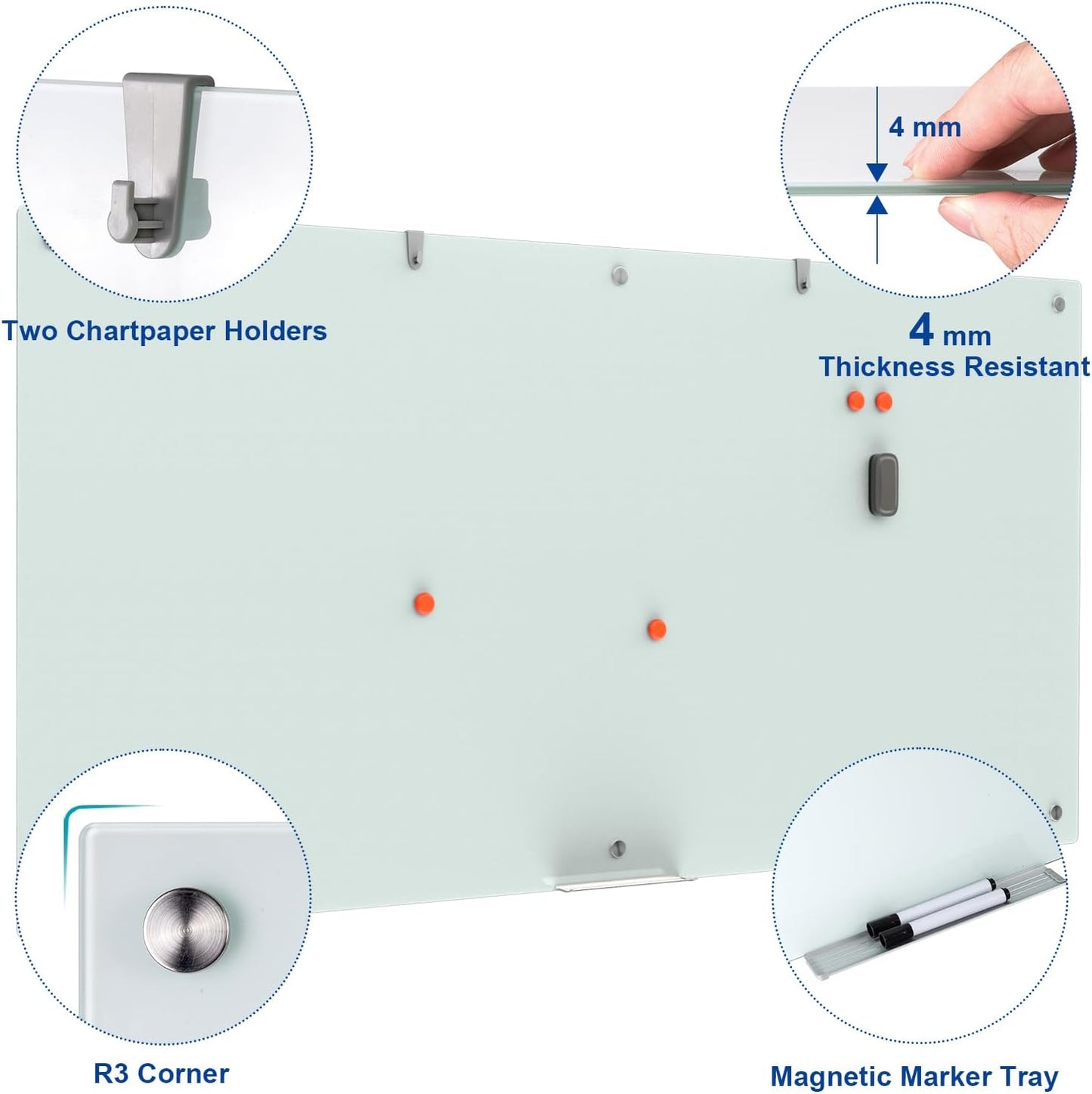 Large Glass Dry Erase Board, 96 x 48 Inches Magnetic Glass Whiteboard for Wall, 8' x 4' Frameless Board for Office, Home, School