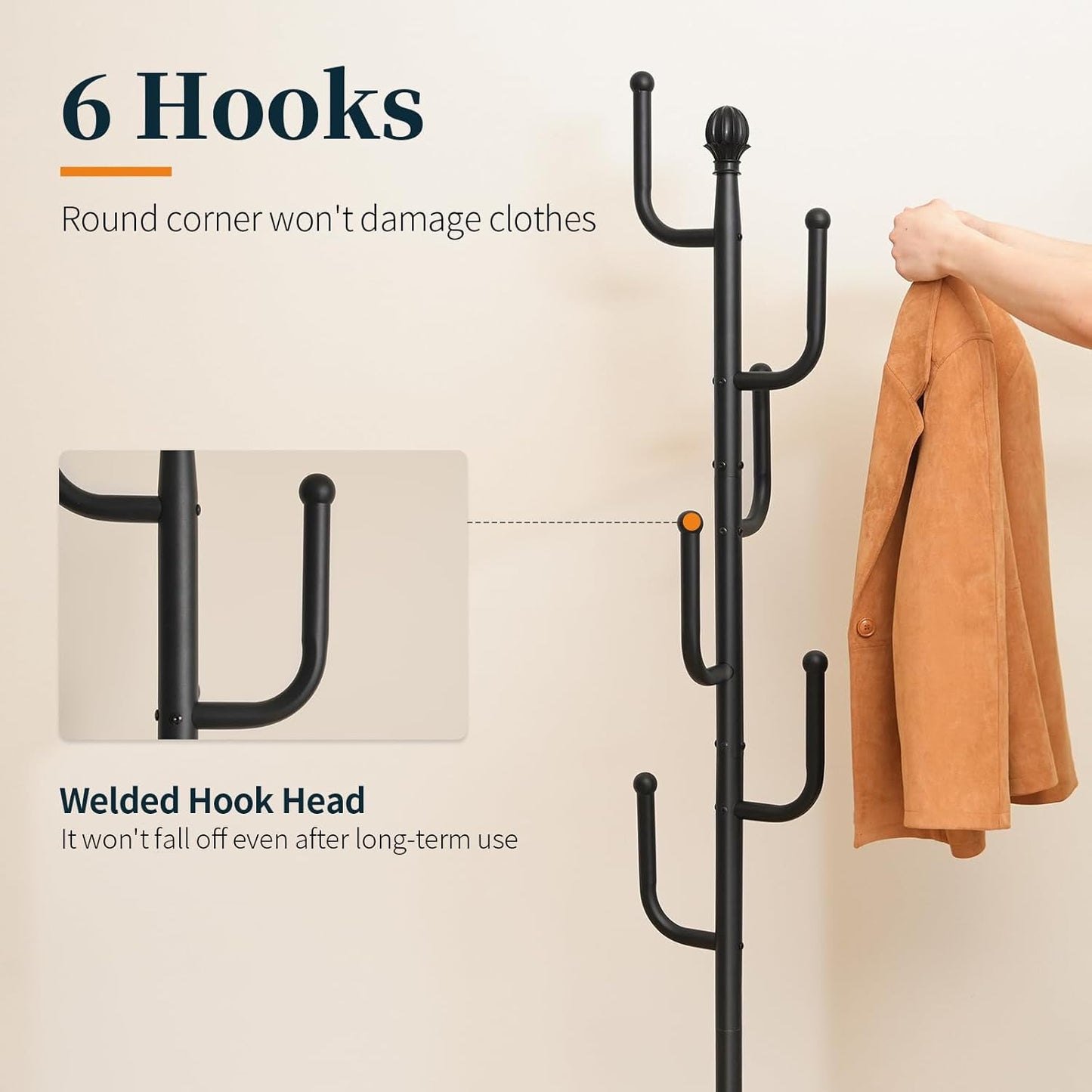 Yoobure Coat Rack Freestanding with Natural Marble Base - Cactus Coat Tree with 6 L-shaped Hooks, Heavy Duty Coat Hanger Stand, Metal Coat Rack Stand for Entryway, Hall Tree for Jacket/Hat/Clothes/Bag