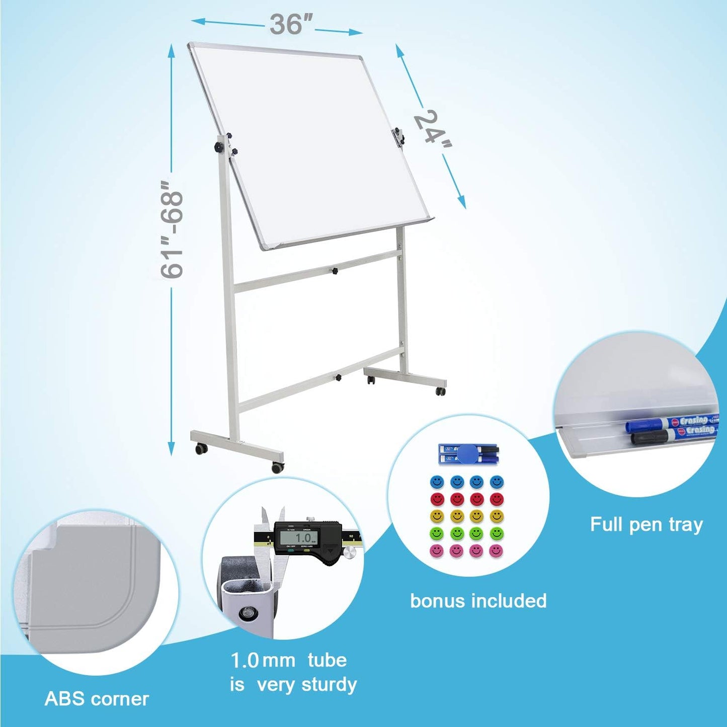 Mobile Dry Erase Board Magnetic Whiteboard on Wheels (Aluminium Frame) 36"x24" Portable White boards with Rolling Stand for Classroom, Office, Home