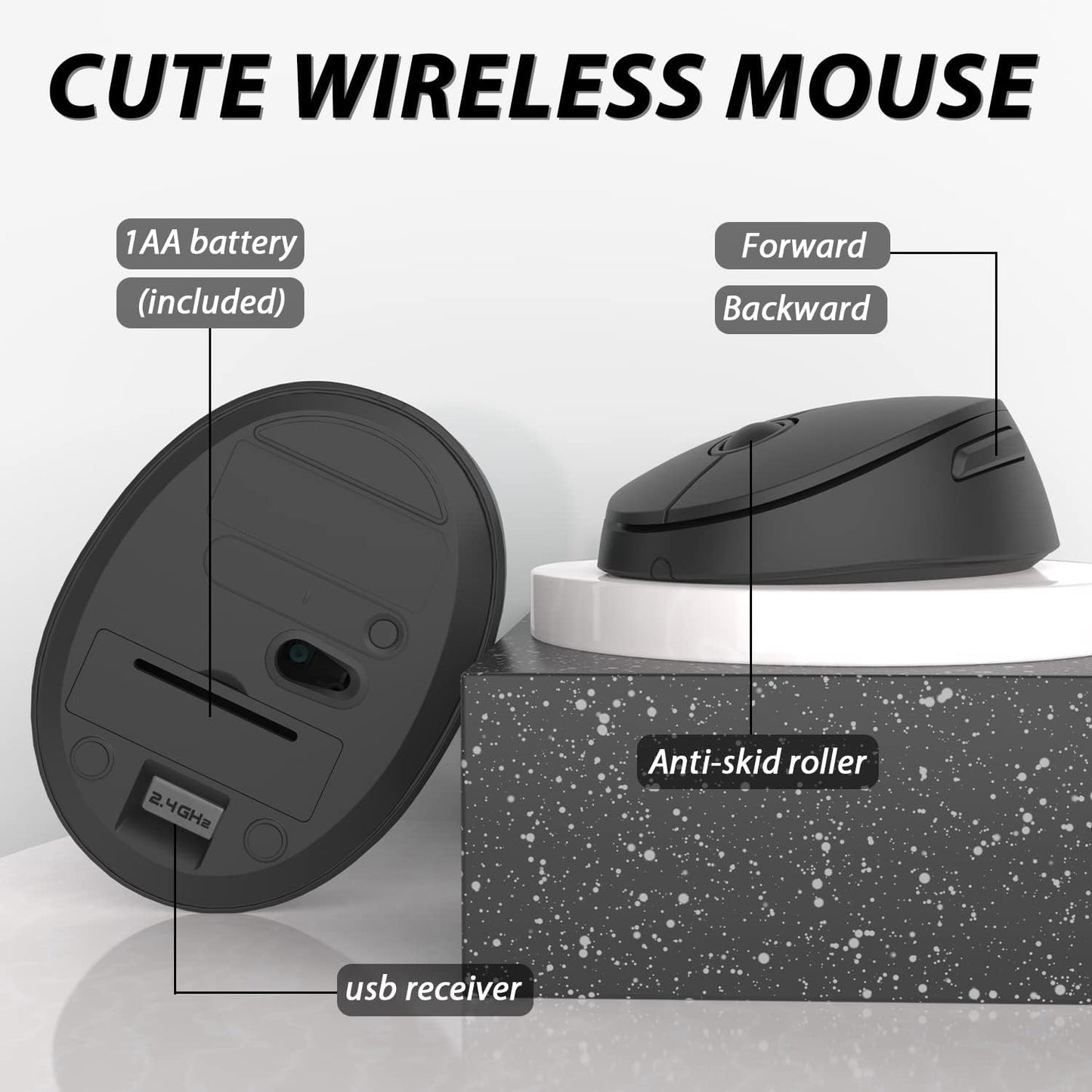 Wireless Keyboard and Mouse Combo, Cute Full Size 104-Key Typewriter Retro Round Keycaps Keyboard for PC Laptop,Windows,Desktop,Perfer for Home and Office Keyboards (Black)