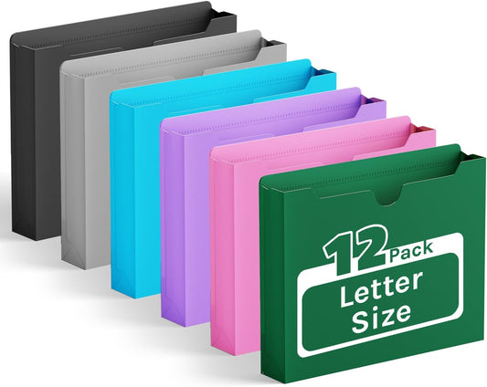 Ansook Plastic 2 Inch Manila File Jackets,Letter Size,Expanding File Jacket, Reinforced Straight Cut Tab,Heavy Duty 2 Inch Expansion Pocket,Poly File Jacket for Office,Home,12 Pack,Assorted Color