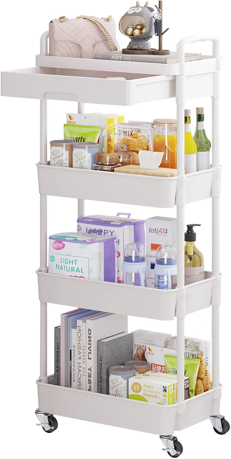 Calmootey 4-Tier Rolling Utility Cart with Drawer,Multifunctional Storage Organizer with Plastic Shelf & Metal Wheel,Storage Cart for Kitchen,Bathroom,Living Room,Office,White