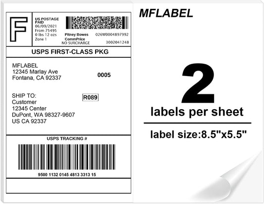 MFLABEL Half Sheet Shipping Labels - 8.5" x 5.5" Adhesive Packaging Labels for Laser & Inkjet Printers, 100 Self-Adhesive Stickers (25 Sheets) for Boxes, Mail, FBA & DIY Projects