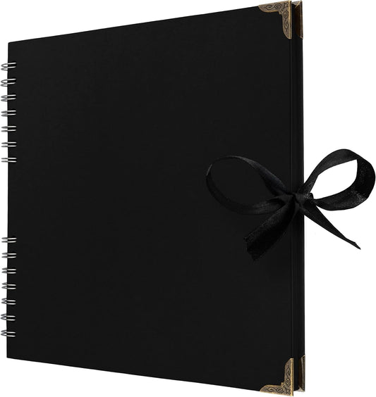 Bstorify 10 x 10 Inches Scrapbook Album 70 Pages Black Thick Kraft Paper Corner Protectors, Ribbon Closure - Ideal for Your Scrapbooking, Art & Craft Projects (Black, 10 x 10 Inch)