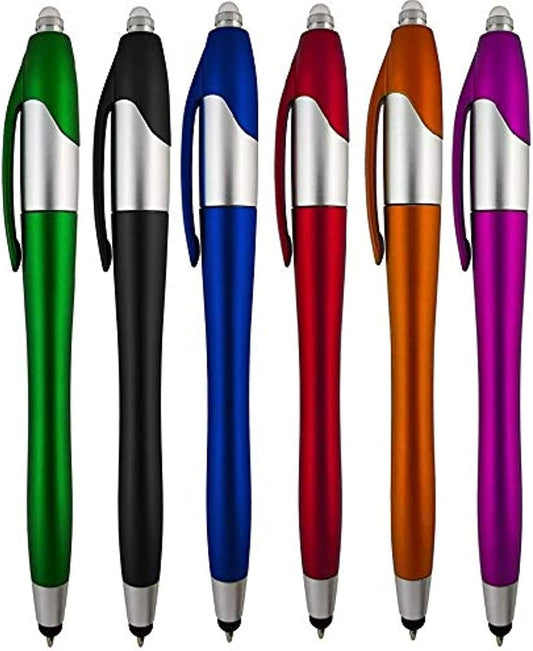 Stylus Pen, 3-1 Multi-Function, Ball Point Black Ink Pen, Capacitive Stylus for Touchscreen Devices, LED Flashlight, Medical Pen Light,for Home,Work,Doctors, and Nurses (6 Pack, Multi-Color)