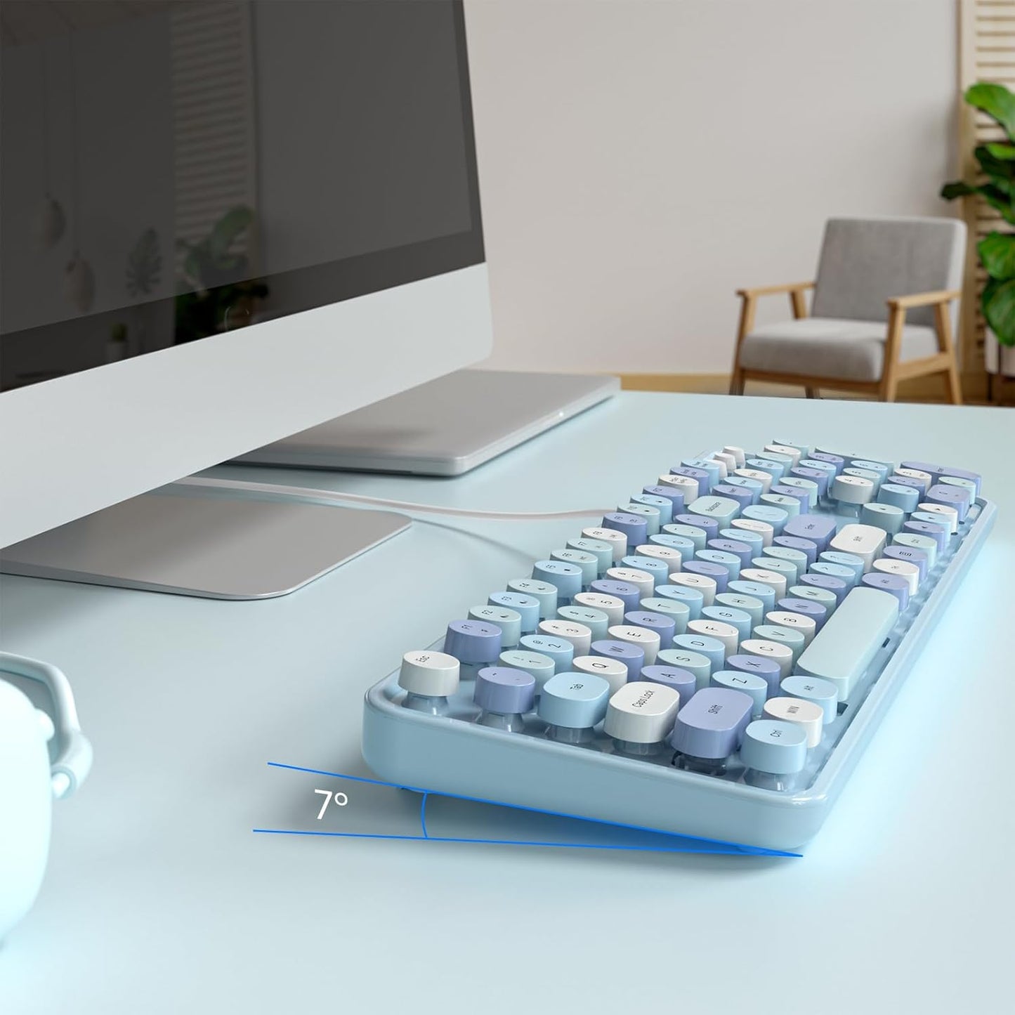 USB Wired Computer Keyboard - Retro Typewriter Keyboard - Full Size Office Keyboard with Number Pad, Caps Indicators, Foldable Stands, for PC Laptop Desktop Windows (Blue Colorful)