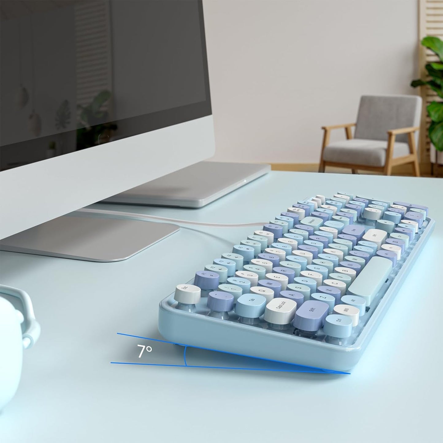Wired Keyboard, Full-Sized Typewriter Keyboards, USB Plug and Play Office Keyboard with Number Pad, Caps Indicators, Foldable Stands for Windows, PC, Laptop, Desktop (Blue Colorful)