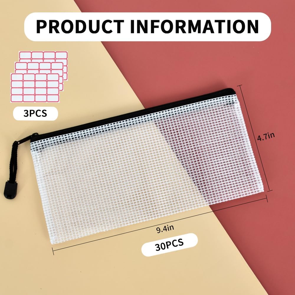 Vuzvuv 30pcs 9.1"x 4.5" Mesh Zipper Pouch Zipper Bags, Zipper Case Pouch Bulk, Mesh Bag for File, Makeup, Board Game Office Home Travel Storage