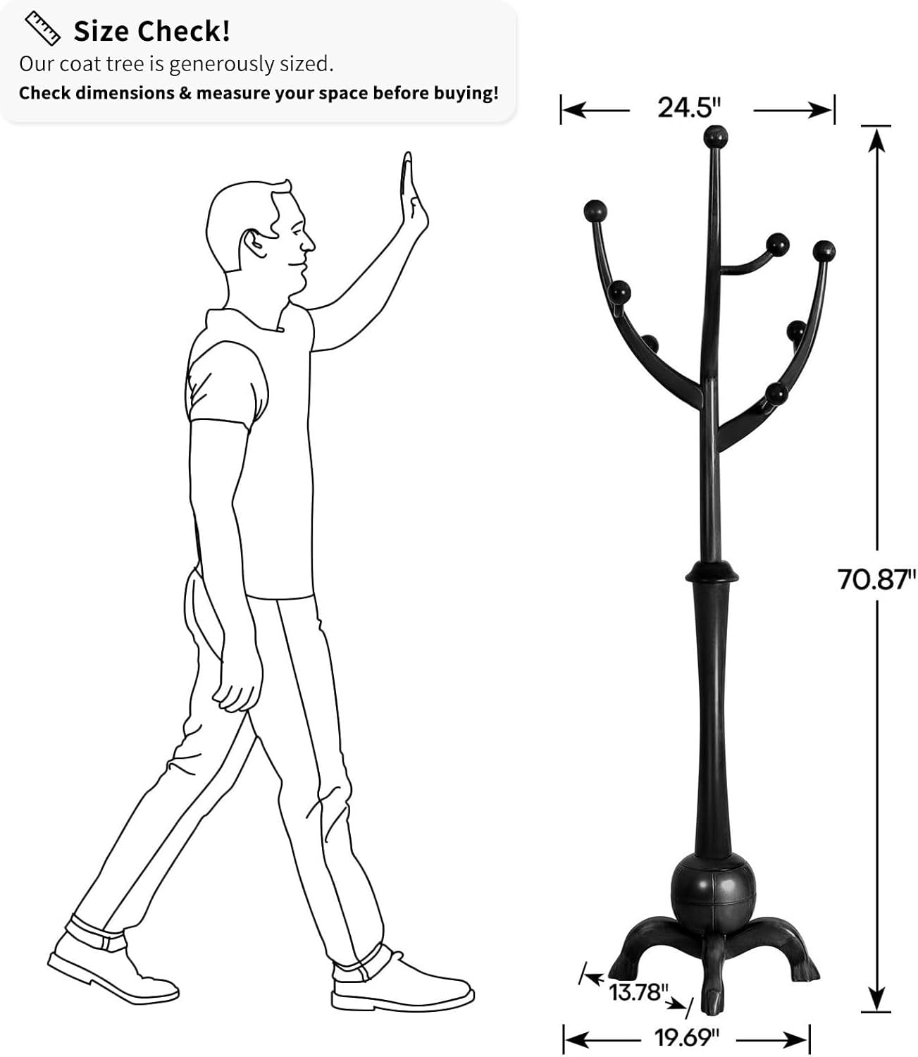 Heavy Duty Coat Rack Freestanding Wood Tree Rack with 8 Hooks, Unique Design Tree Branch-look, Premium Coat Tree Clothes Hanger Stand with Sphere Base for Entryway, Hallway, Bedroom-Load 160lbs Black