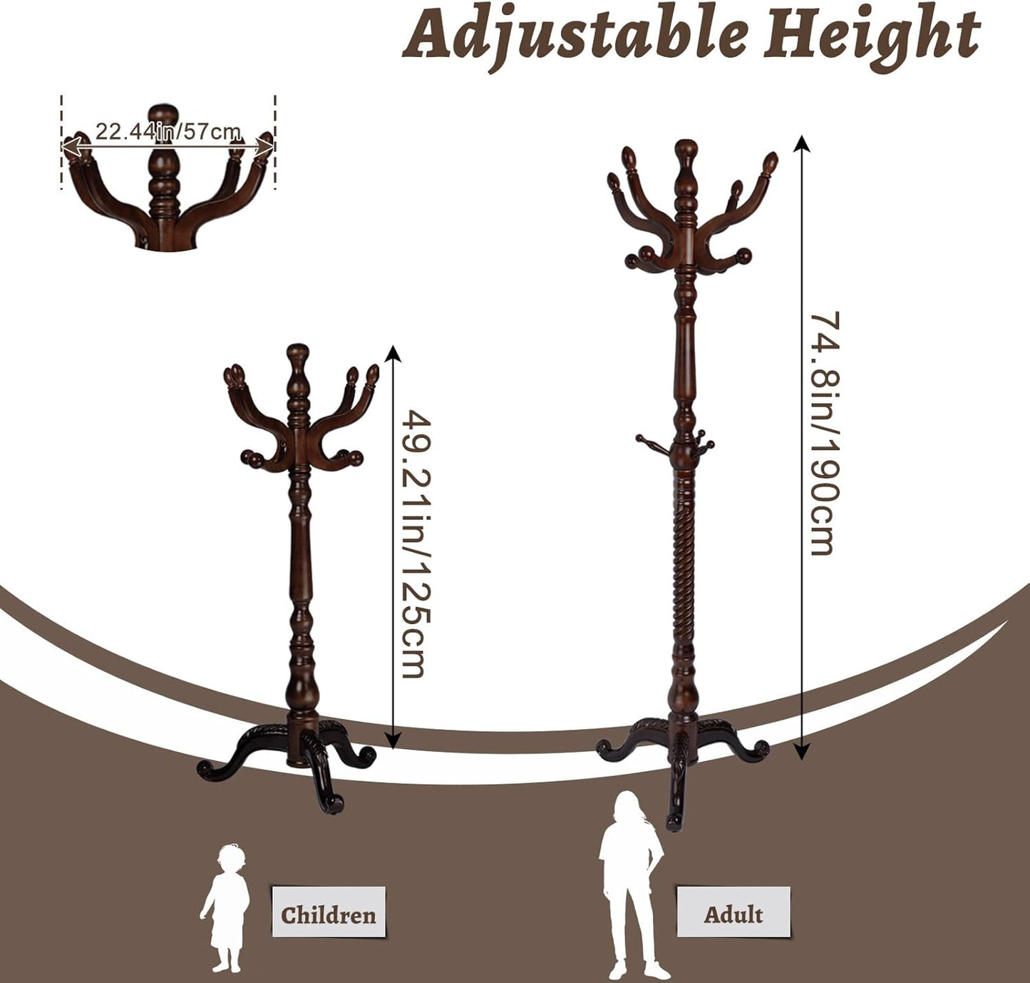 Wooden Coat Rack Freestanding with Resin Hooks, Adjustable Heavy Duty Stand for Hanging Coats, Bags, Hats, and Umbrellas in Living Room, Bedroom, Entryway (Tripod-Antique Color)