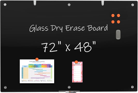 Large Black Glass Dry Erase Board, 72 x 48 Inches Magnetic Glass whiteboard,6' x 4' Frameless Blackboard for Office,Home,School