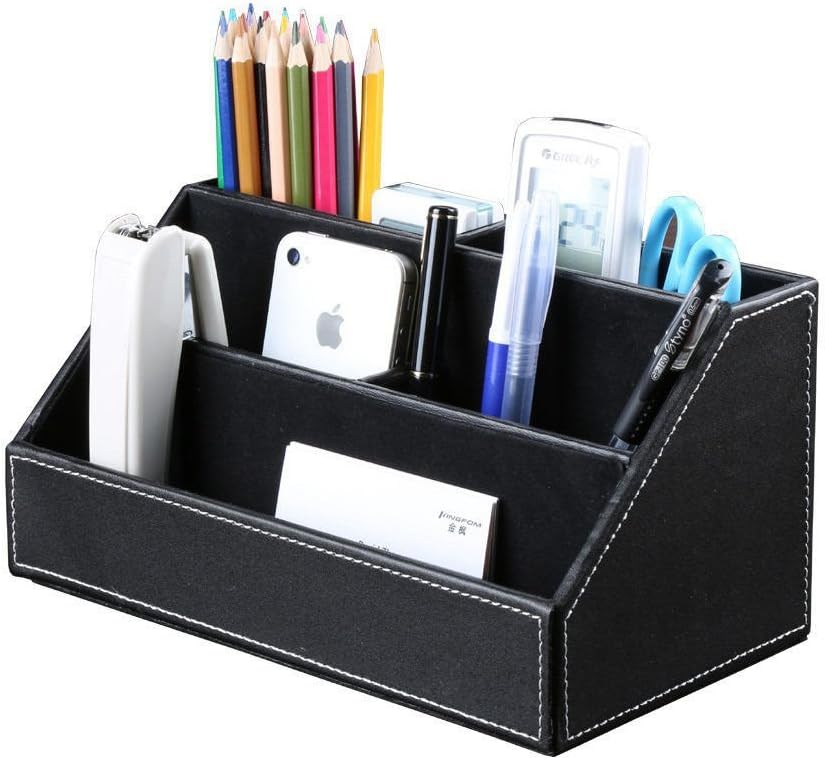 KINGFOM 5PCS Desk Organizer and Accessories Set, Pu Leather Office Supplies with Multifunction Desktop Organizer Storage Box, Tissue Holder, Mouse Pad, Note Paper Holder, Pencil Holder for Desk Black