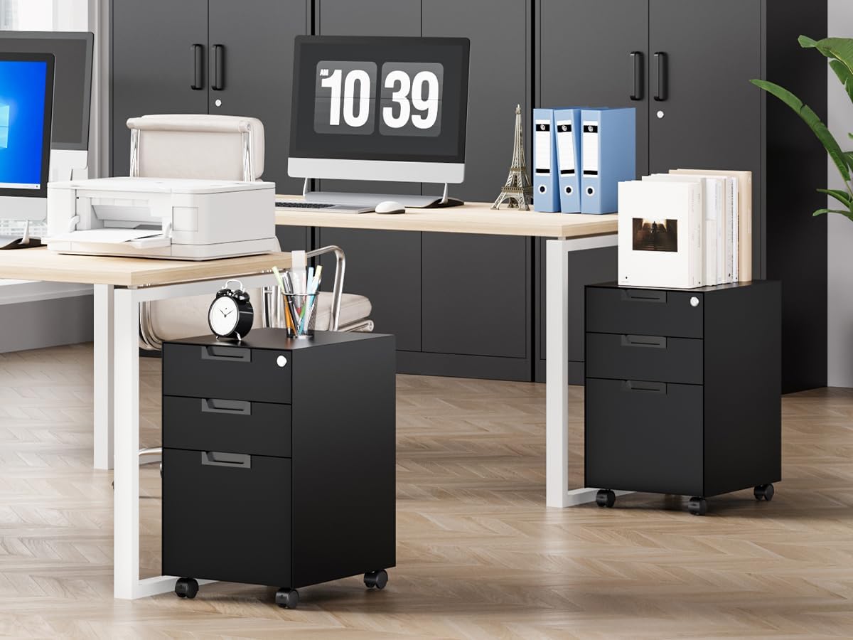 MIIIKO 3 Drawer Filing Cabinet with Lock, Metal Black Vertical File Cabinets for Home Office, Full Assembled File Cabinets Under Desk, Letter/Legal/A4 File Folders Storage