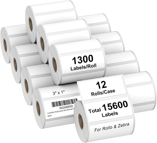 AveneMark 12 Rolls 3" x 1" Direct Thermal Labels for Barcodes Postage Address Shipping Labels Compatible with Rollo & Zebra Desktop Printers Adhesive - 1300Pcs/Roll